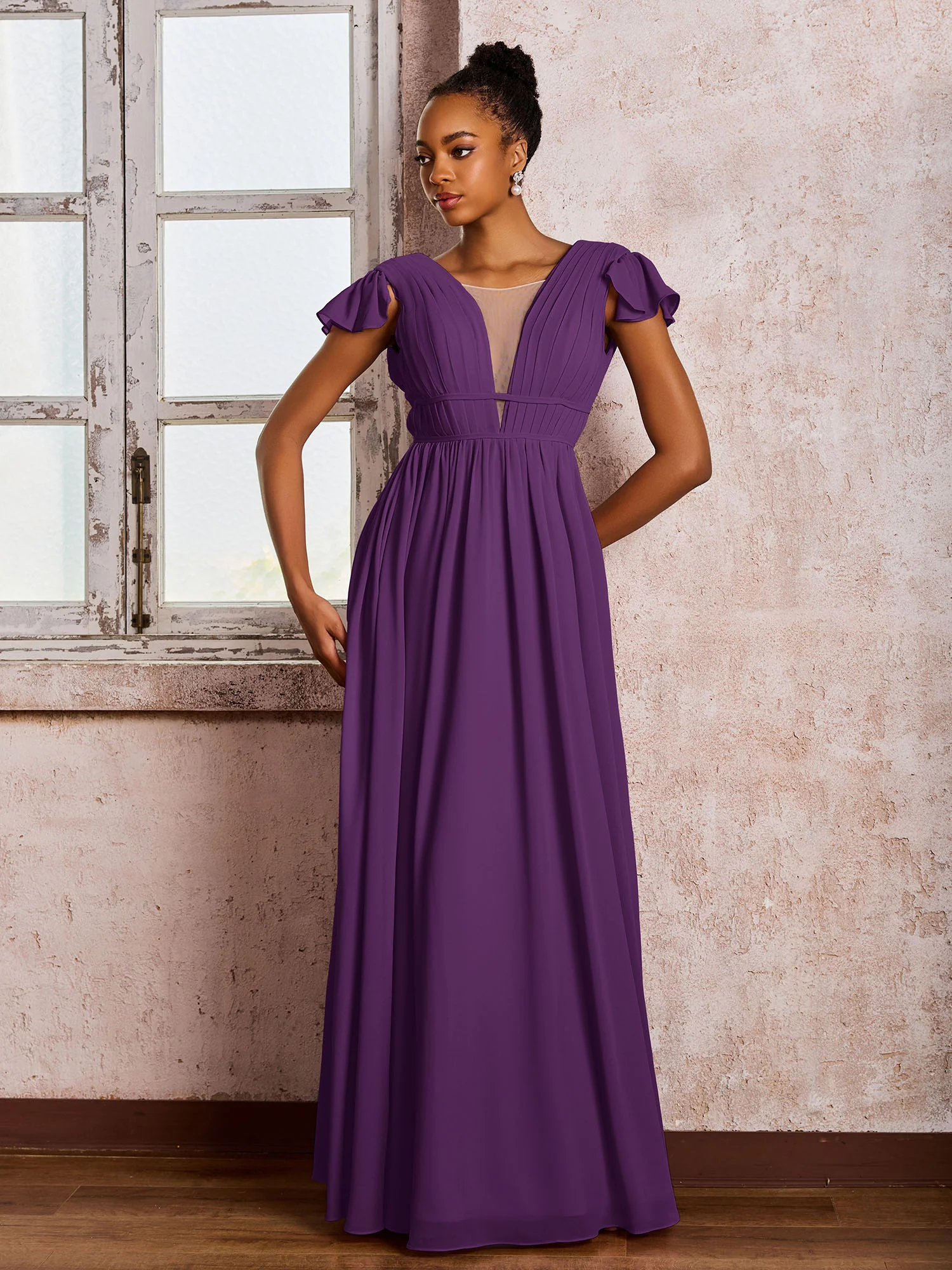 Flutter Sleeves Plunging V-neck Pleated A-line Dresses with Belt Grape - Image 3