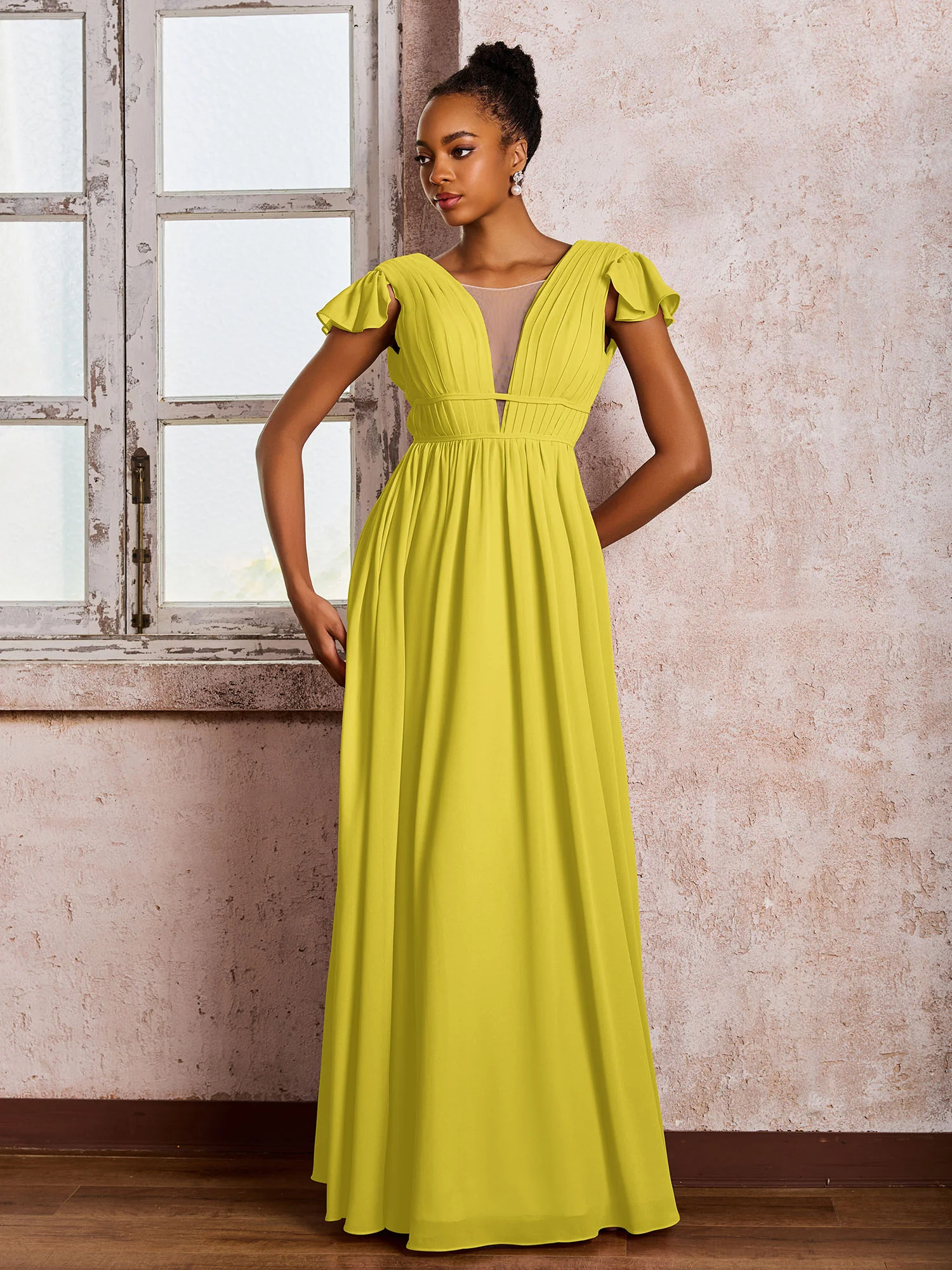 Flutter Sleeves Plunging V-neck Pleated A-line Dresses with Belt Lemon - Image 3