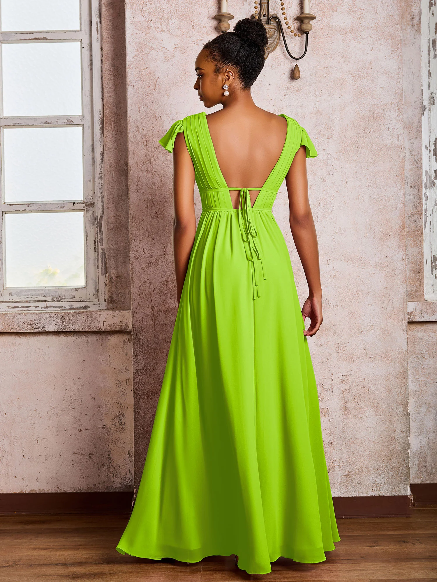 Flutter Sleeves Plunging V-neck Pleated A-line Dresses with Belt Lime Green - Image 2