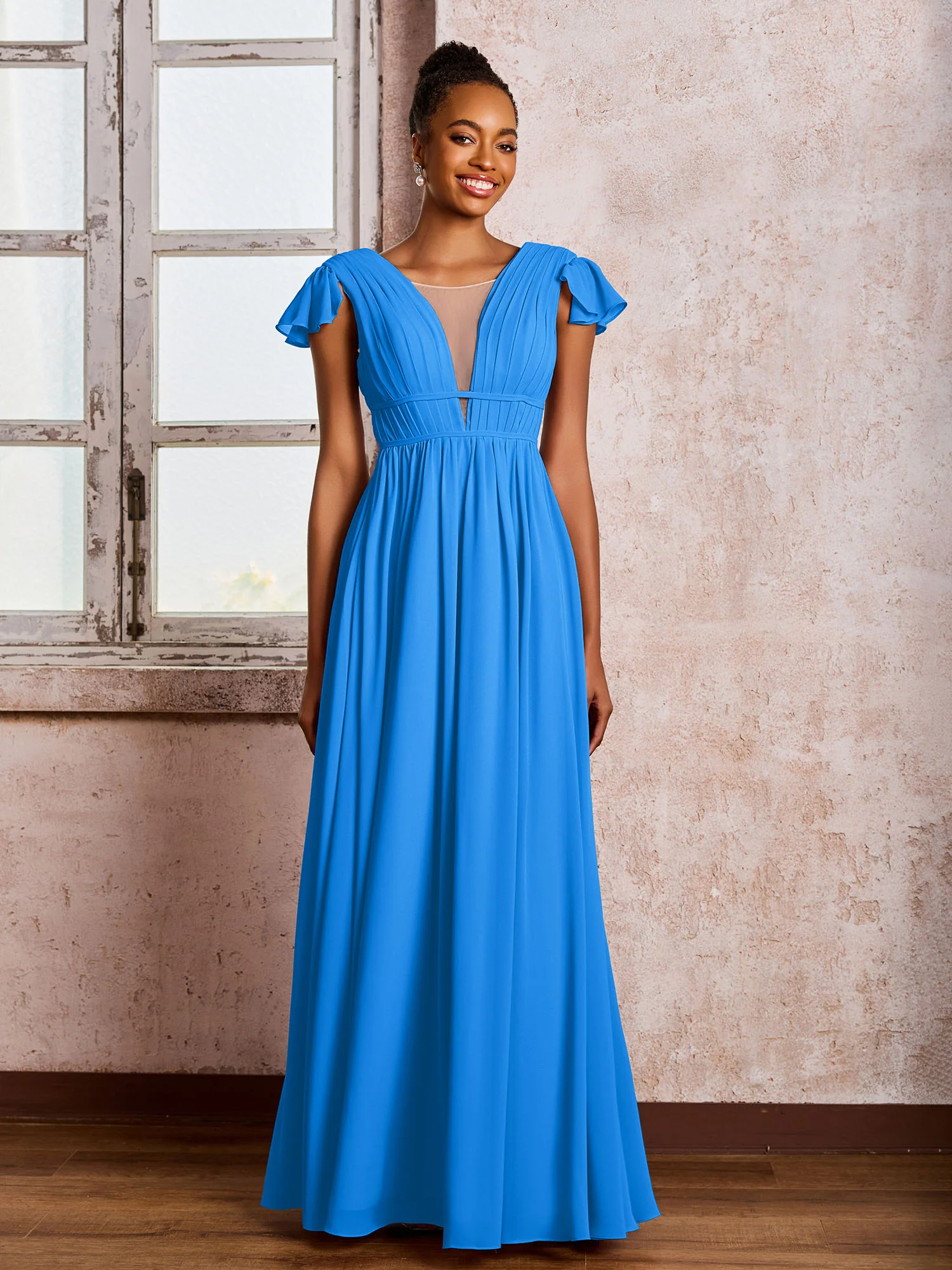 Flutter Sleeves Plunging V-neck Pleated A-line Dresses with Belt Ocean Blue