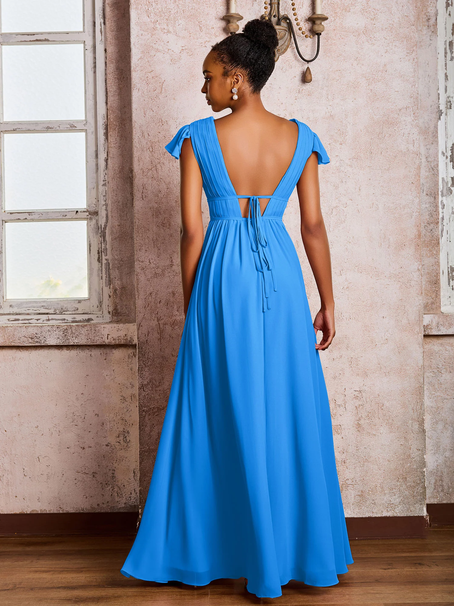 Flutter Sleeves Plunging V-neck Pleated A-line Dresses with Belt Ocean Blue - Image 2