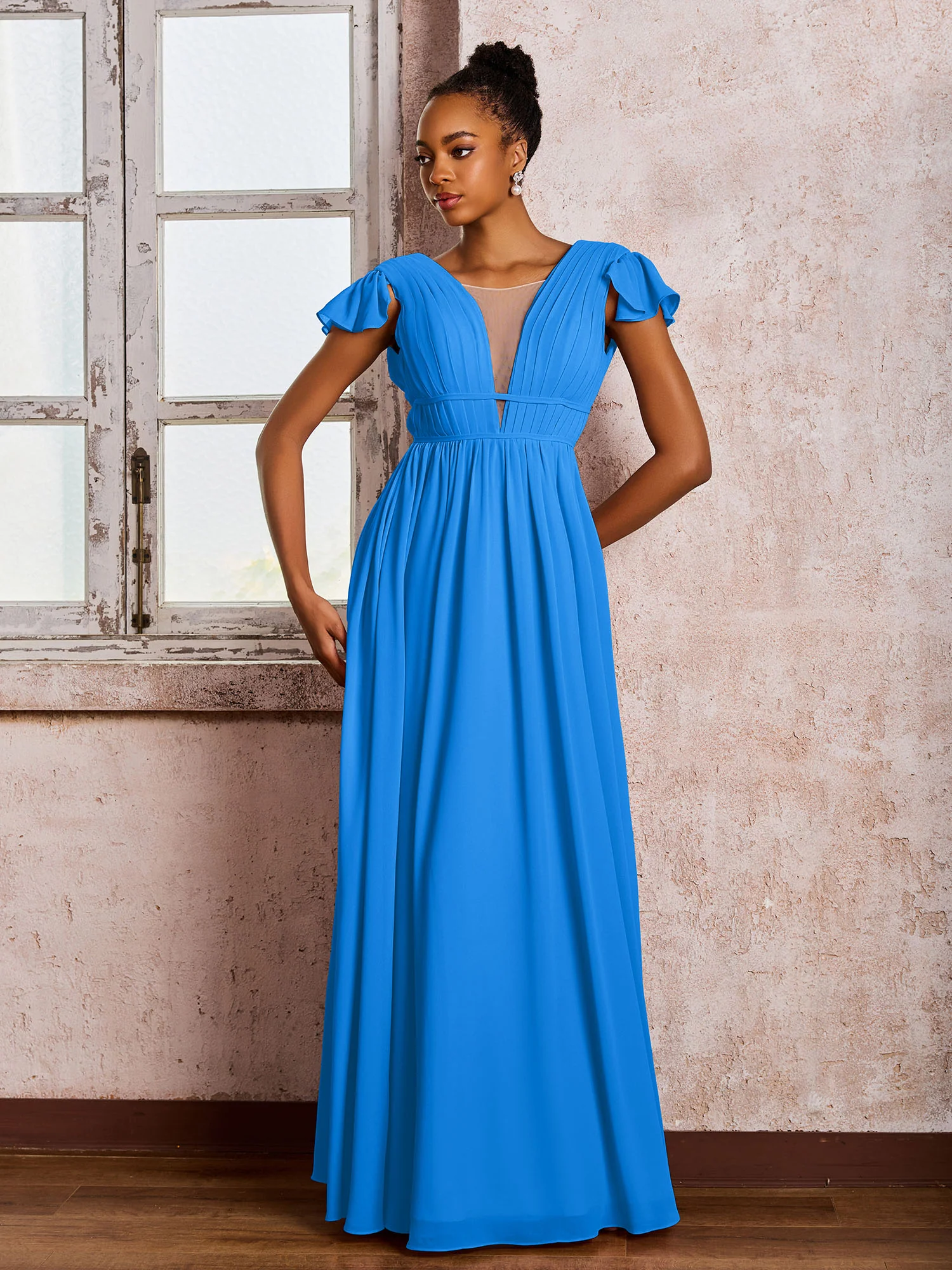 Flutter Sleeves Plunging V-neck Pleated A-line Dresses with Belt Ocean Blue - Image 3