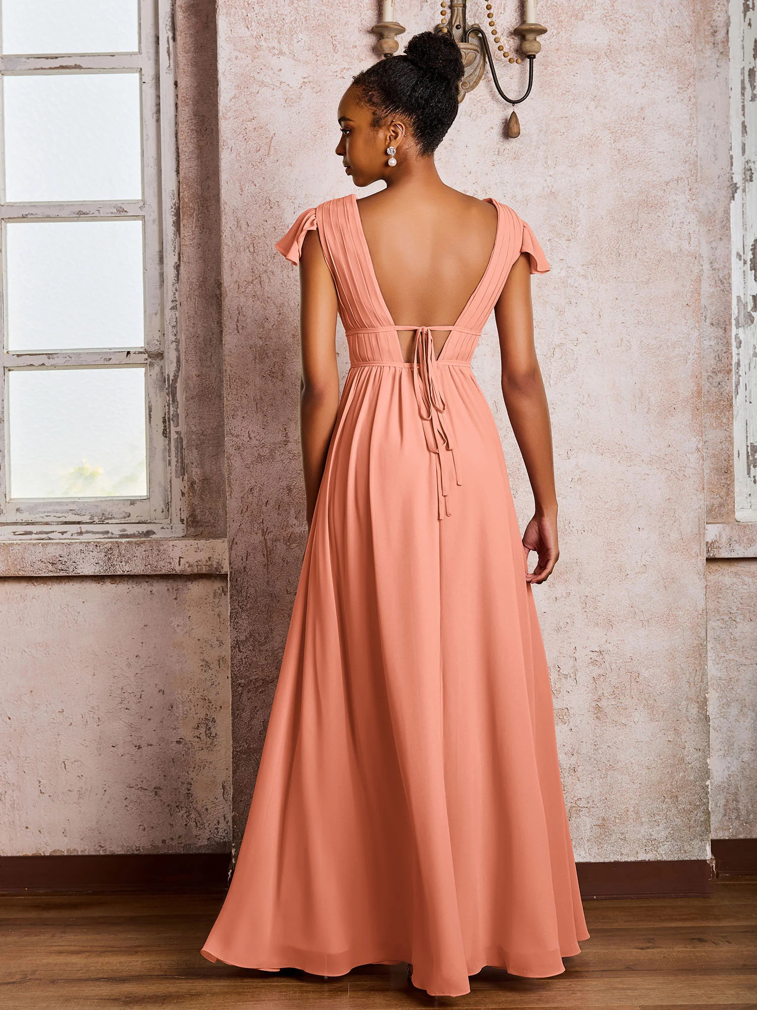 Flutter Sleeves Plunging V-neck Pleated A-line Dresses with Belt Papaya - Image 2
