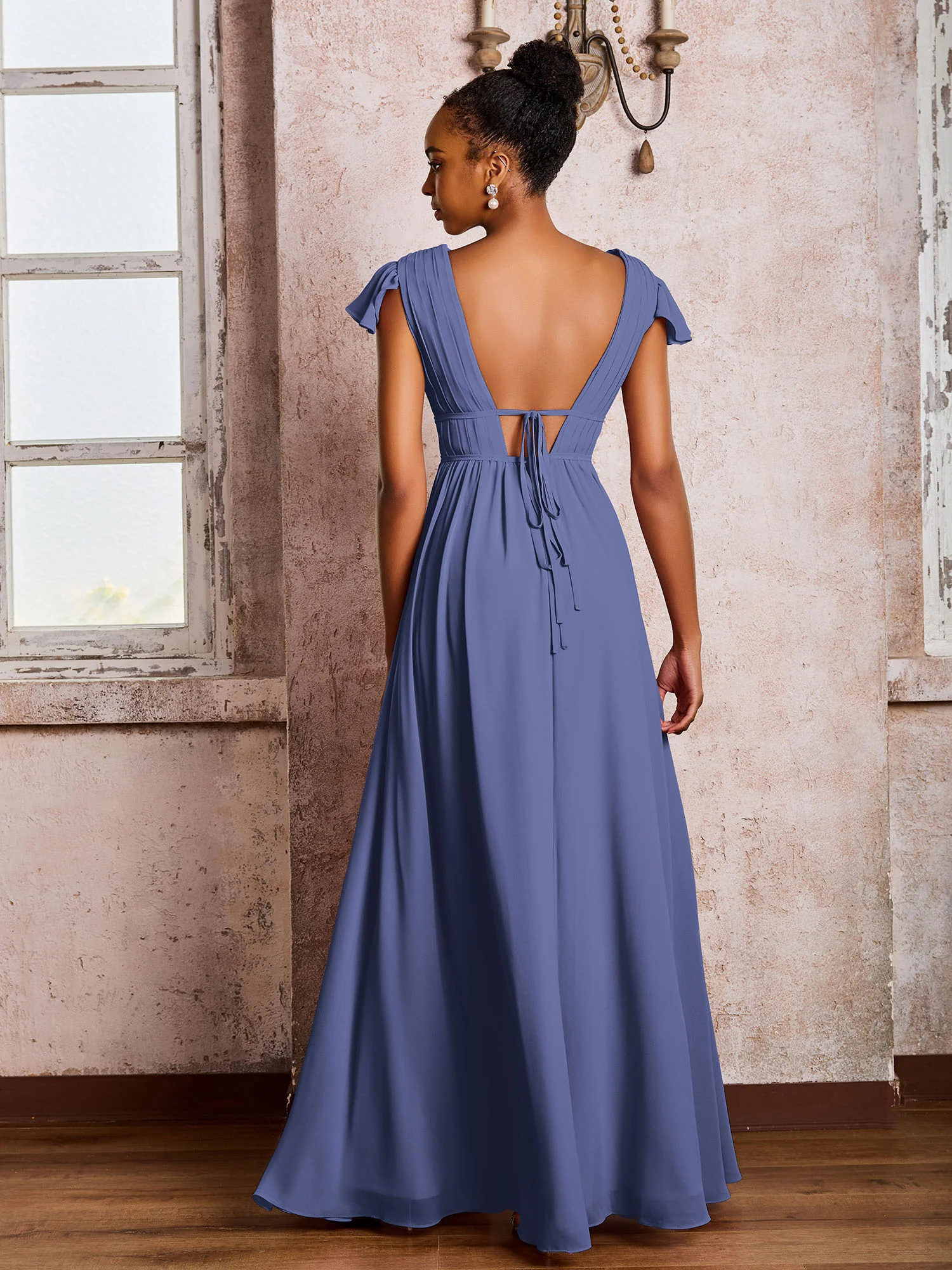 Flutter Sleeves Plunging V-neck Pleated A-line Dresses with Belt Periwinkle - Image 2