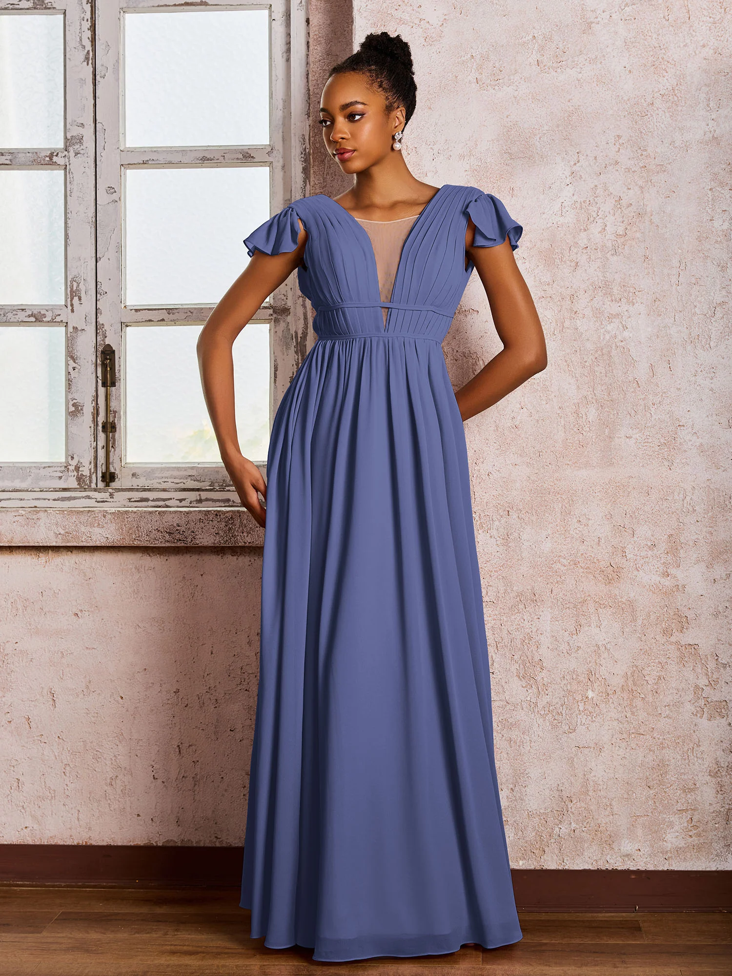 Flutter Sleeves Plunging V-neck Pleated A-line Dresses with Belt Periwinkle - Image 3