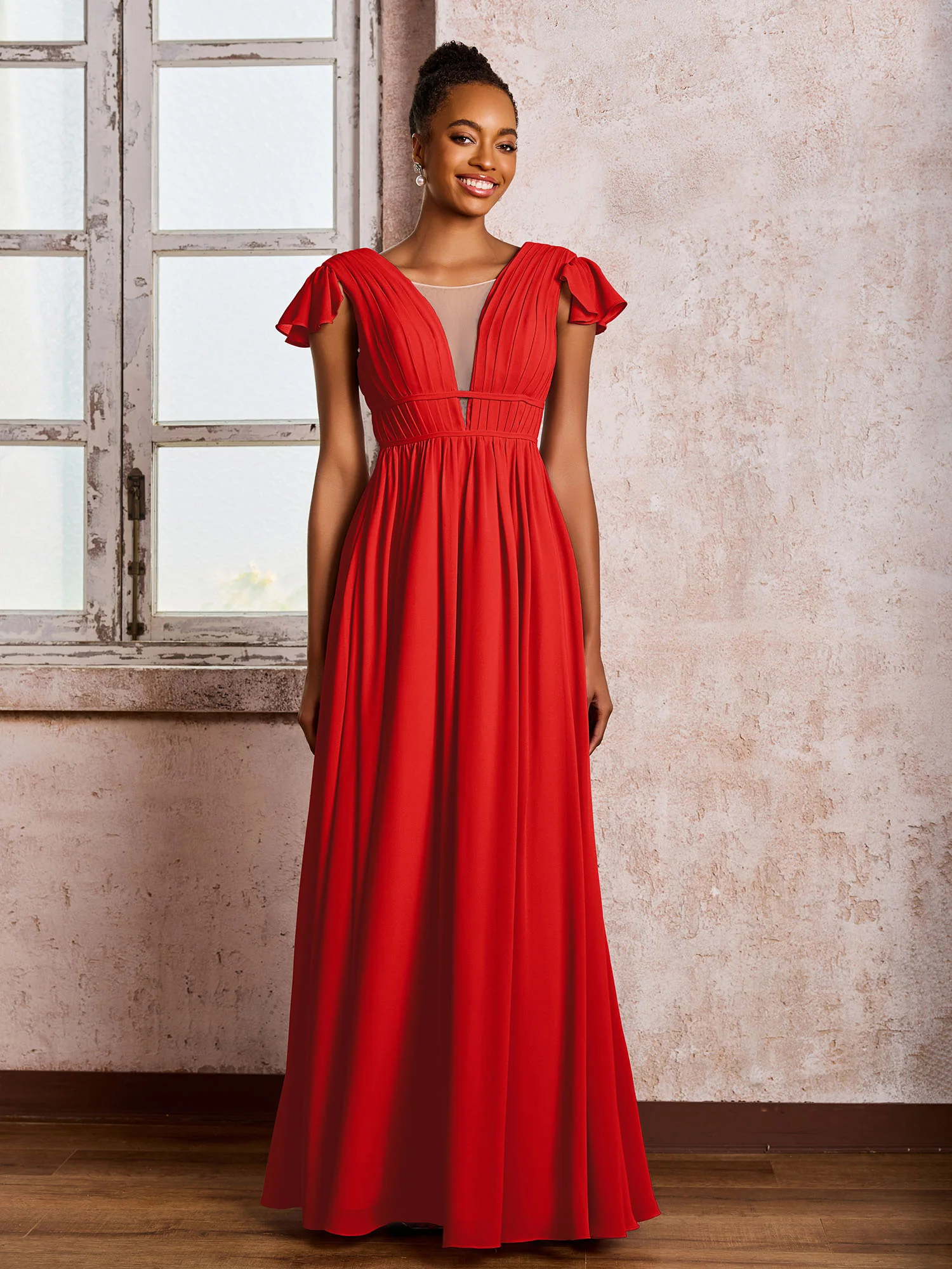 Flutter Sleeves Plunging V-neck Pleated A-line Dresses with Belt Red