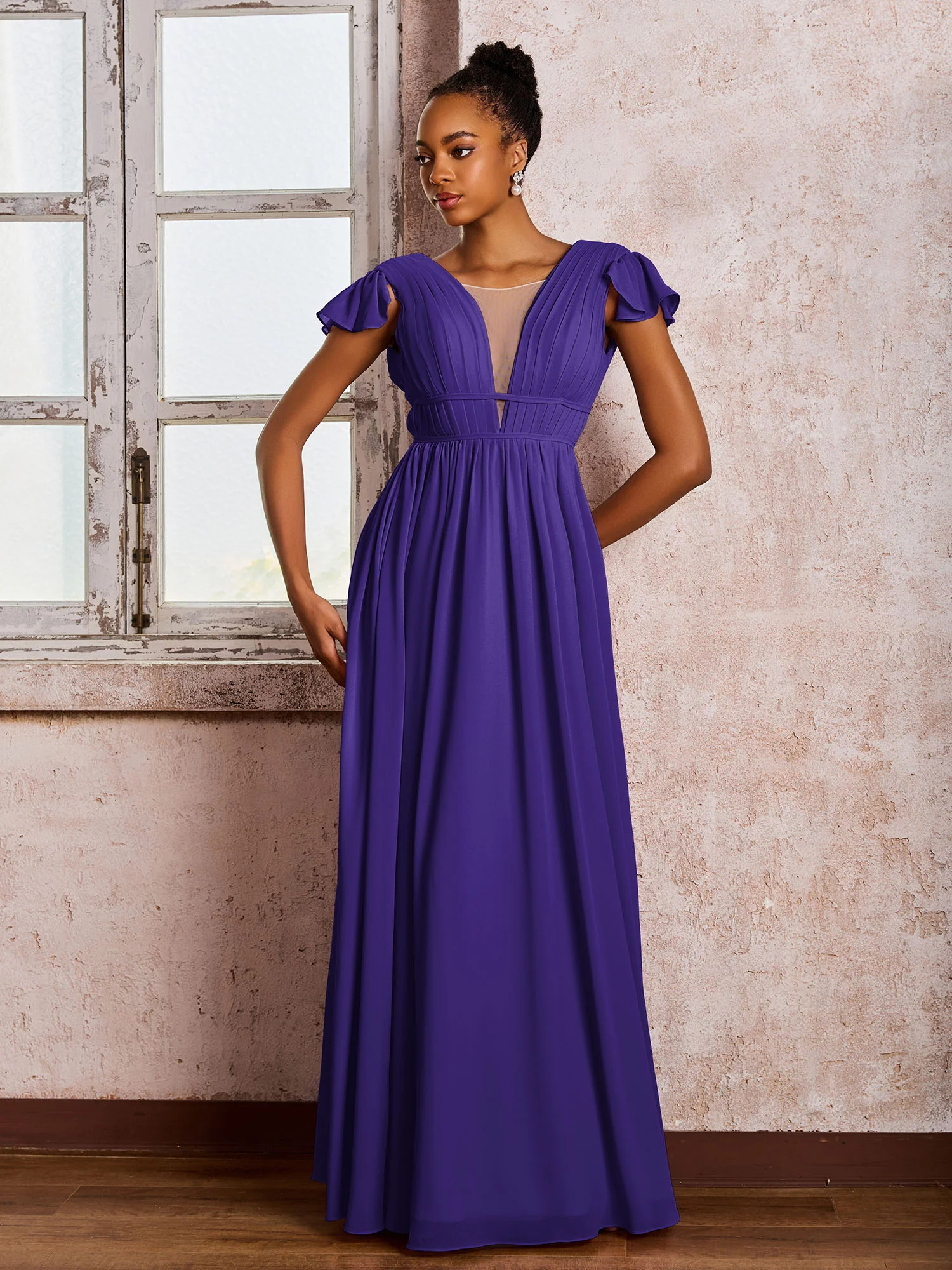 Flutter Sleeves Plunging V-neck Pleated A-line Dresses with Belt Regency - Image 3