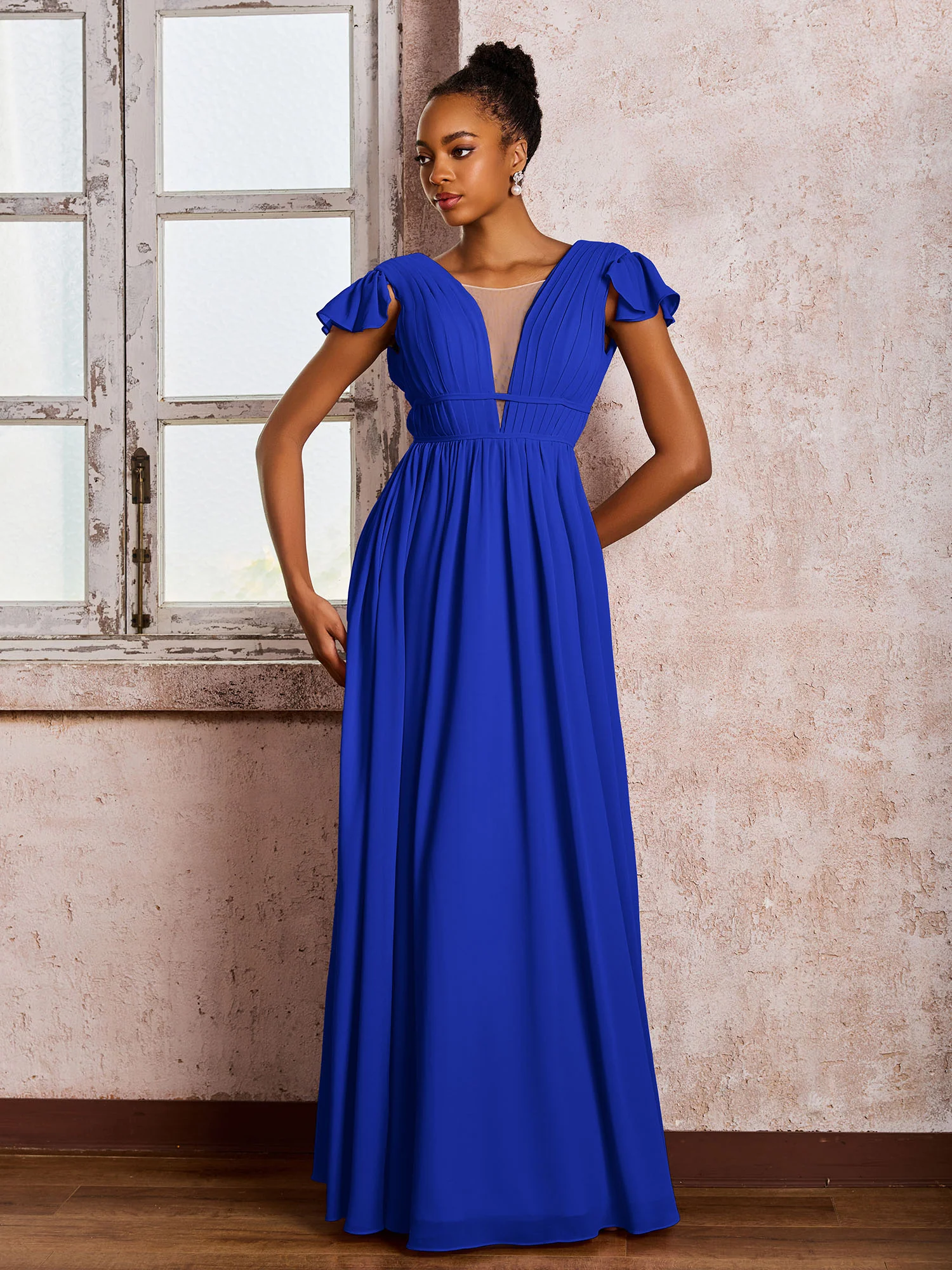 Flutter Sleeves Plunging V-neck Pleated A-line Dresses with Belt Royal Blue - Image 3