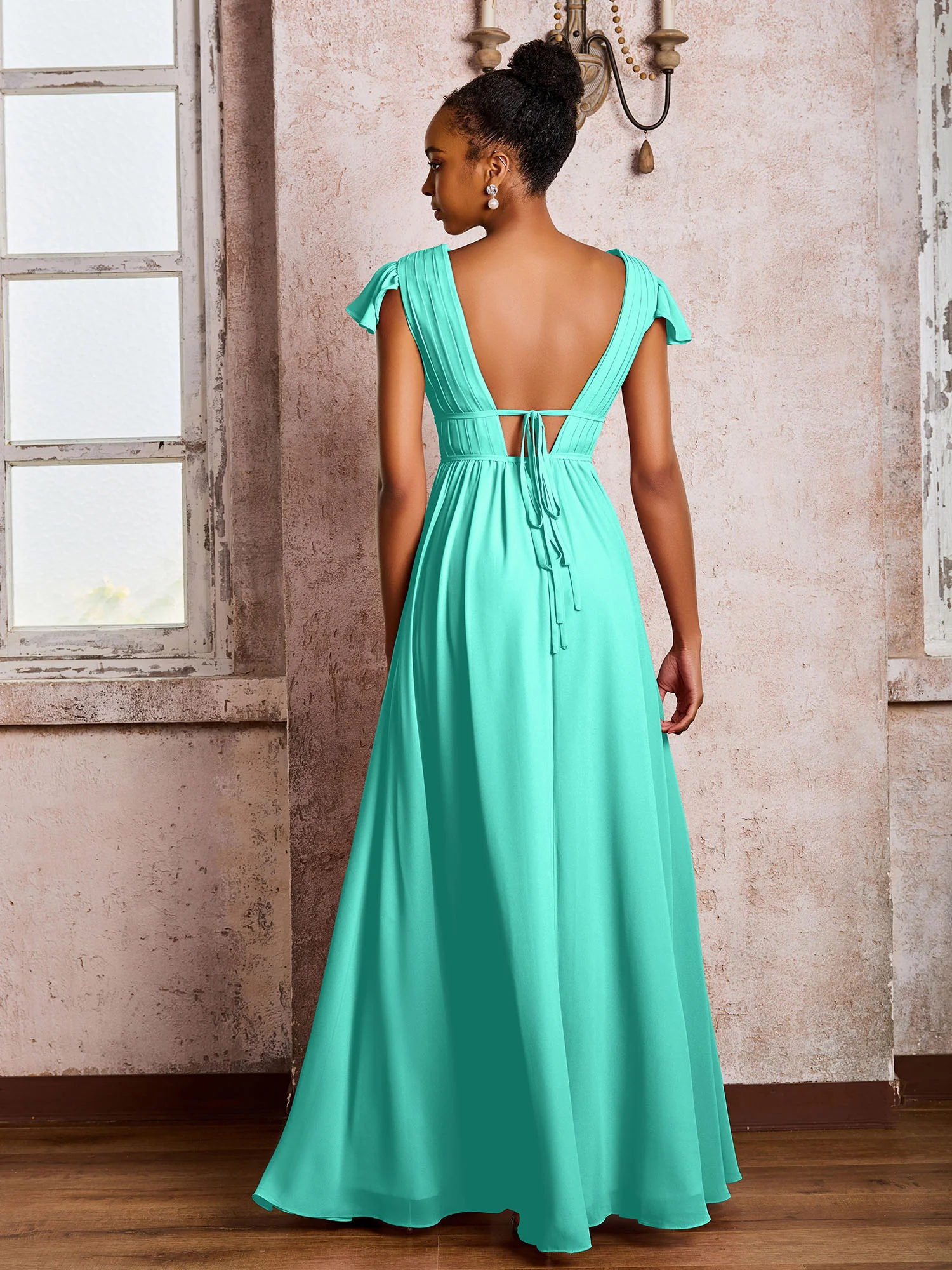 Flutter Sleeves Plunging V-neck Pleated A-line Dresses with Belt Spa - Image 2