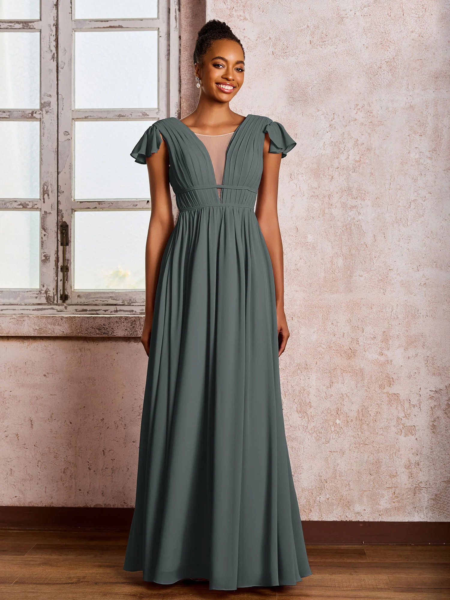 Flutter Sleeves Plunging V-neck Pleated A-line Dresses with Belt Steel Grey