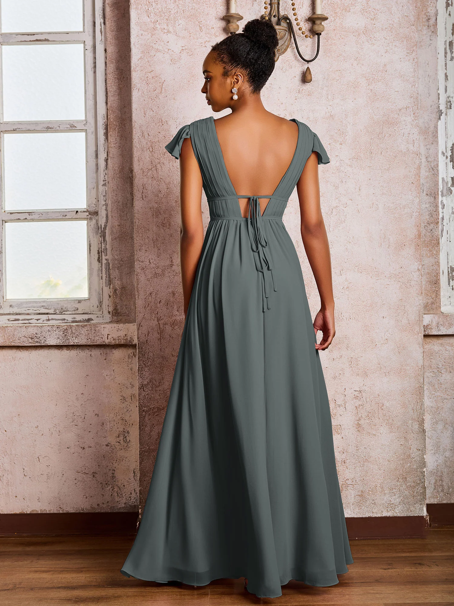 Flutter Sleeves Plunging V-neck Pleated A-line Dresses with Belt Steel Grey - Image 2