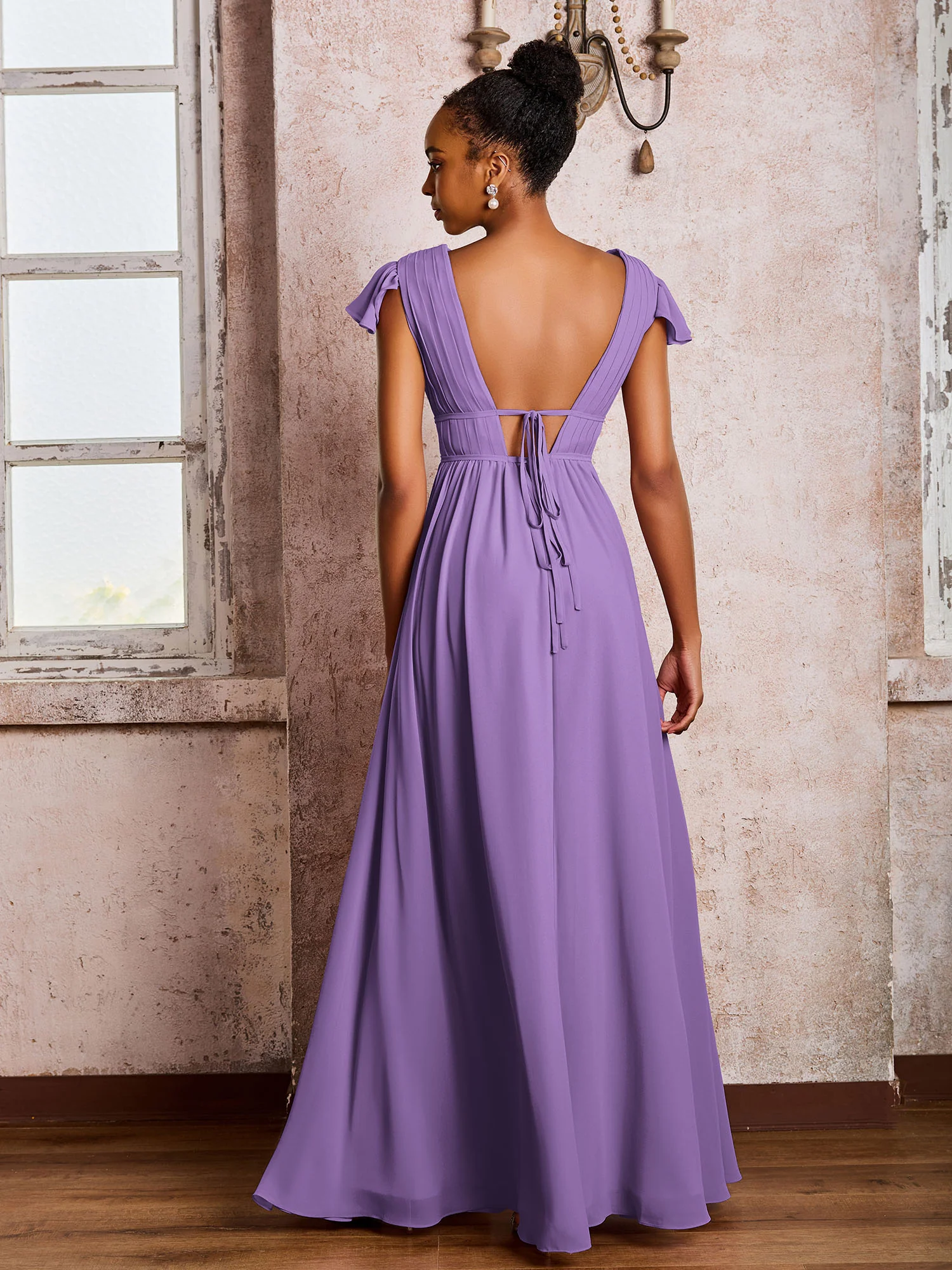 Flutter Sleeves Plunging V-neck Pleated A-line Dresses with Belt Tahiti - Image 2