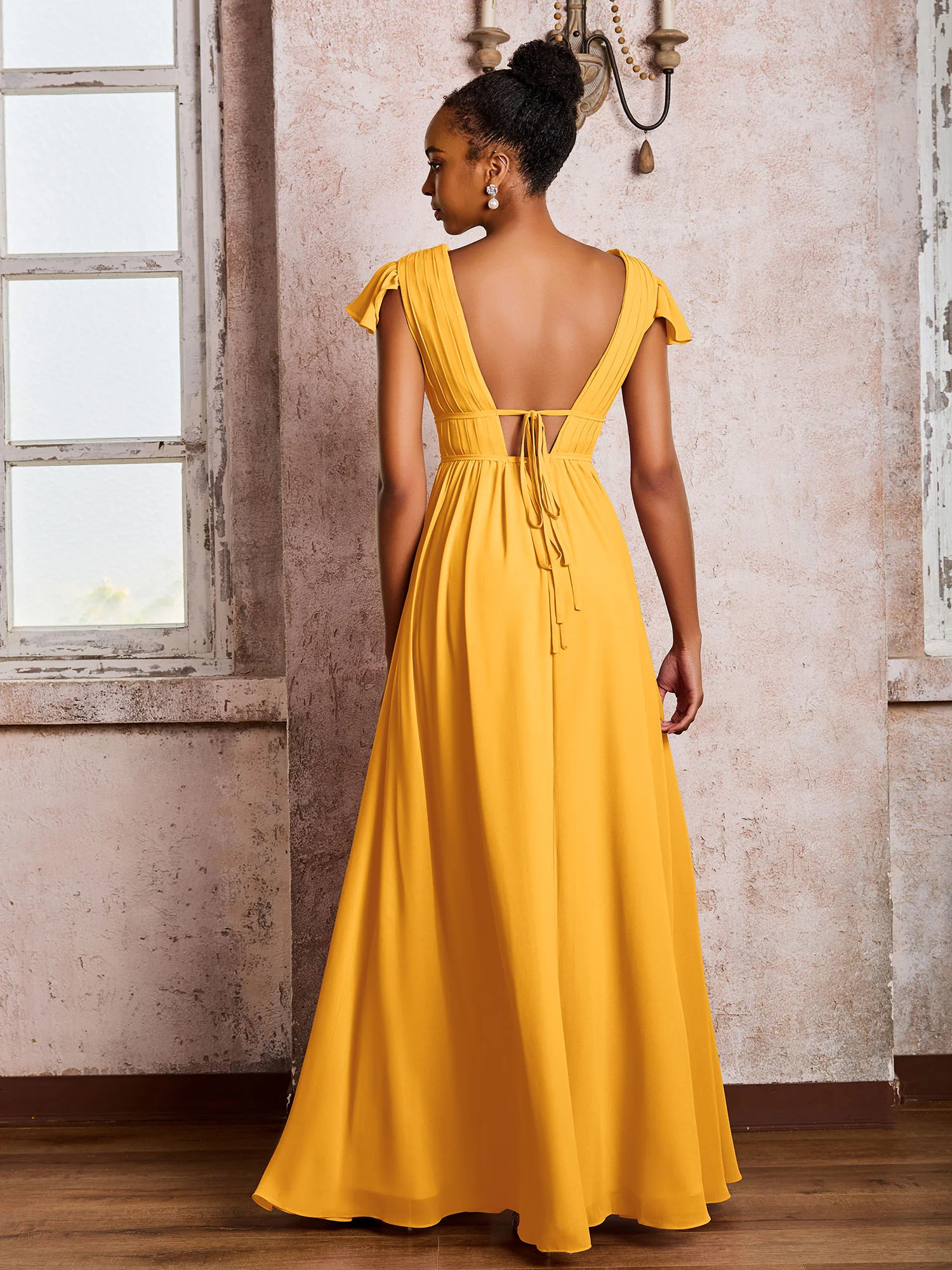 Flutter Sleeves Plunging V-neck Pleated A-line Dresses with Belt Tangerine - Image 2