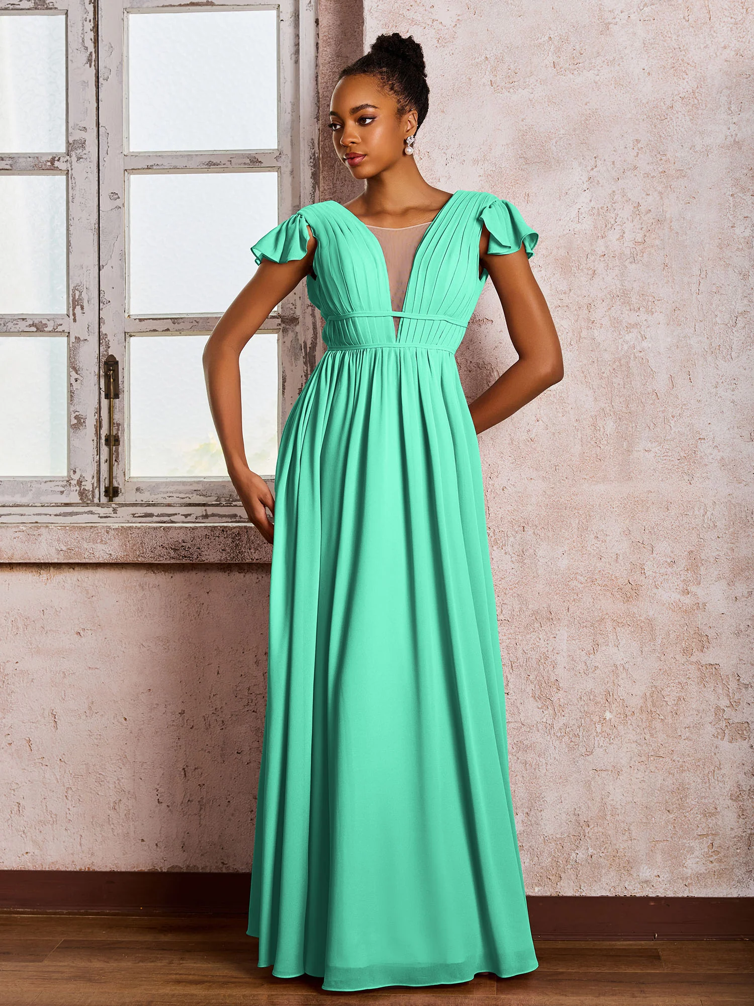 Flutter Sleeves Plunging V-neck Pleated A-line Dresses with Belt Turquoise - Image 3