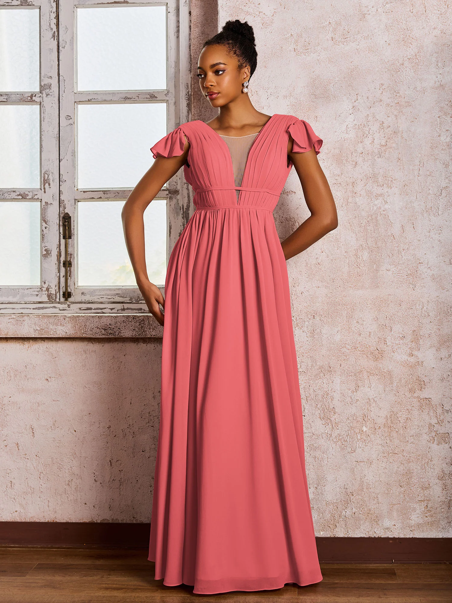Flutter Sleeves Plunging V-neck Pleated A-line Dresses with Belt Watermelon - Image 3