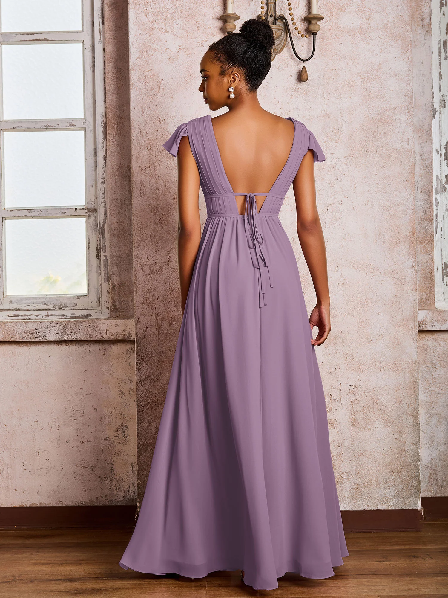 Flutter Sleeves Plunging V-neck Pleated A-line Dresses with Belt Wisteria - Image 2