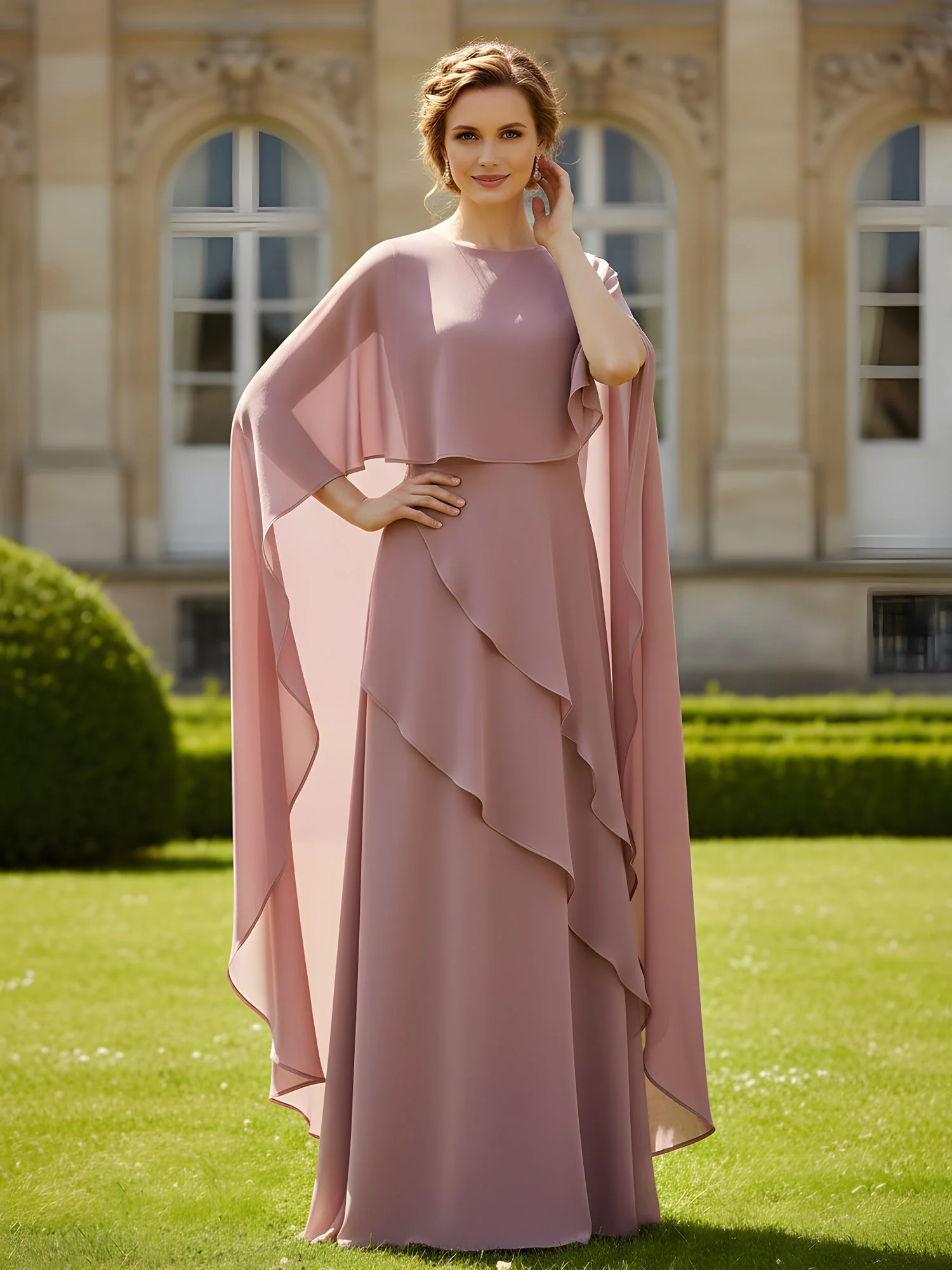 Flutter Sleeves Scoop Neck A-Line Chiffon Dress Vintage Mauve