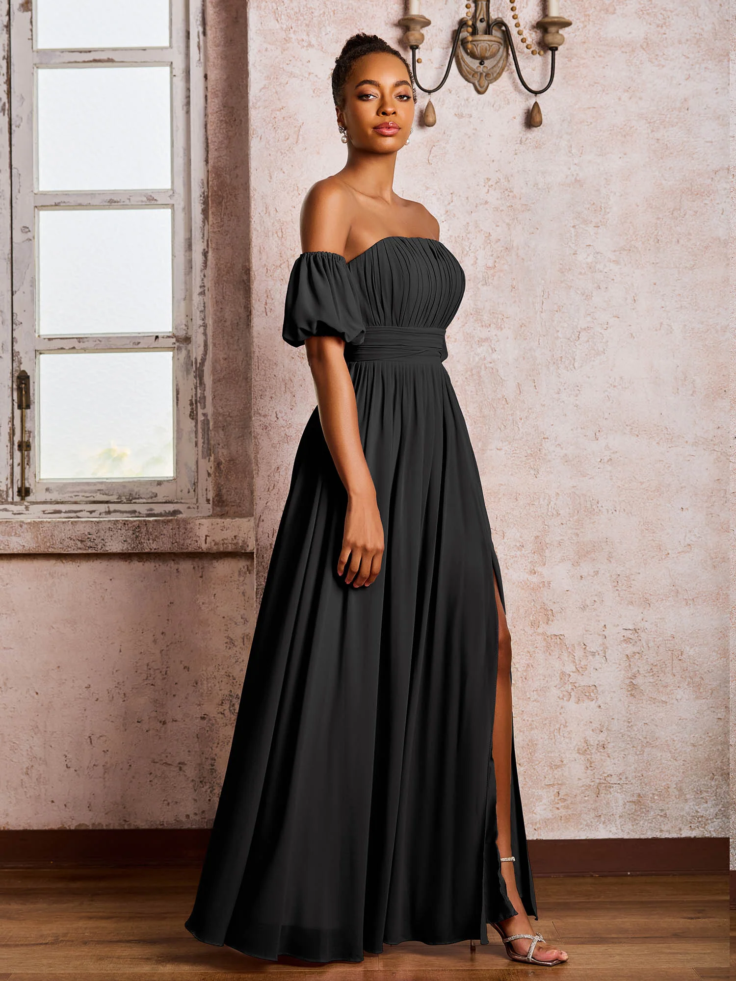 Flutter Sleeves Square Chiffon Dresses With Slit Black - Image 3