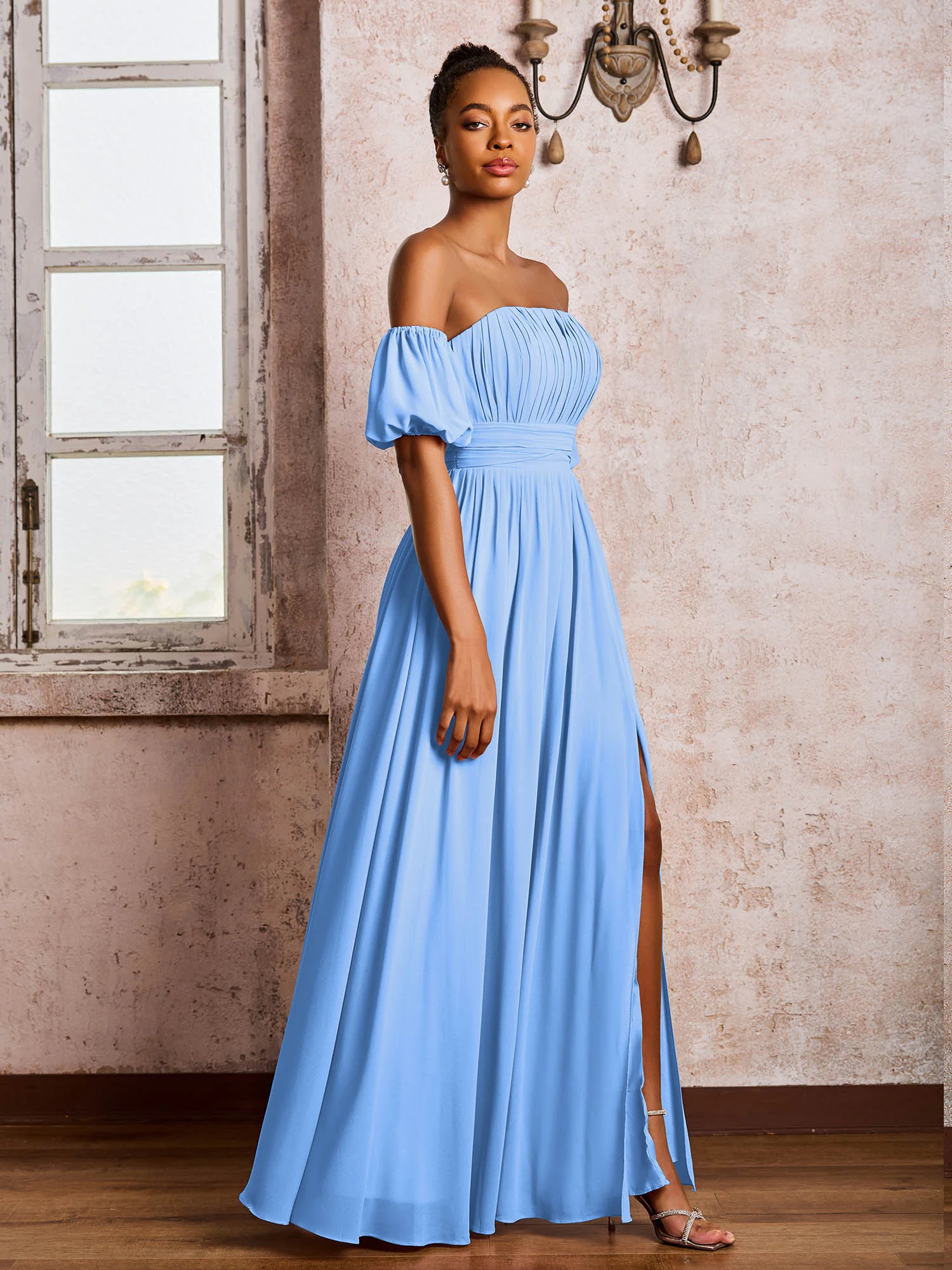 Flutter Sleeves Square Chiffon Dresses With Slit Blue - Image 3