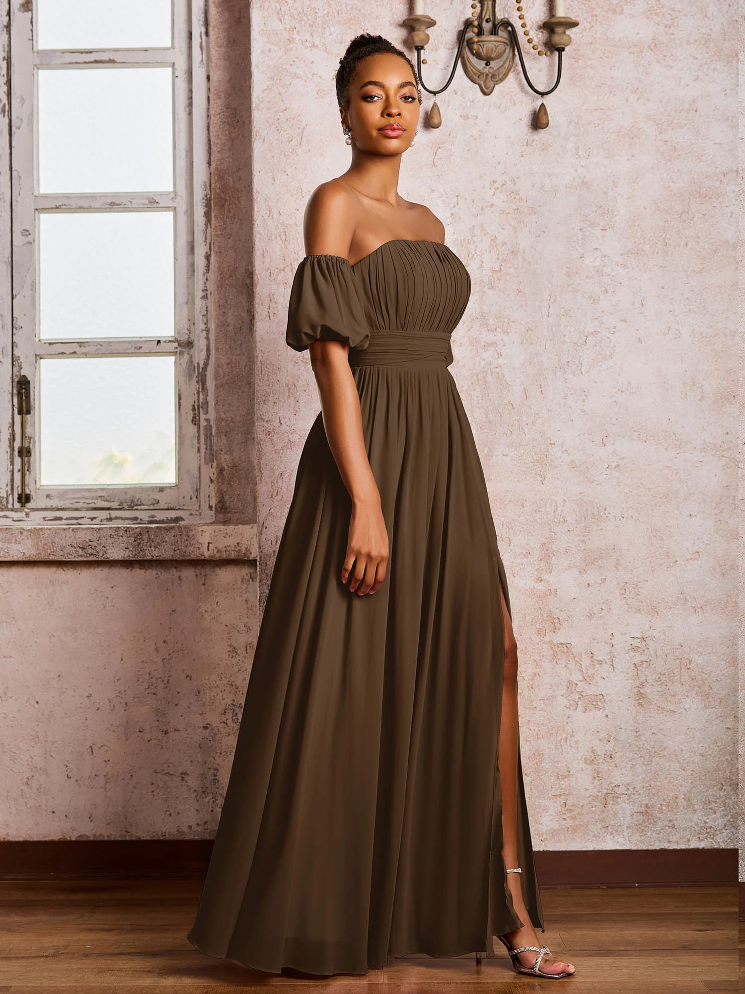 Flutter Sleeves Square Chiffon Dresses With Slit Brown - Image 3