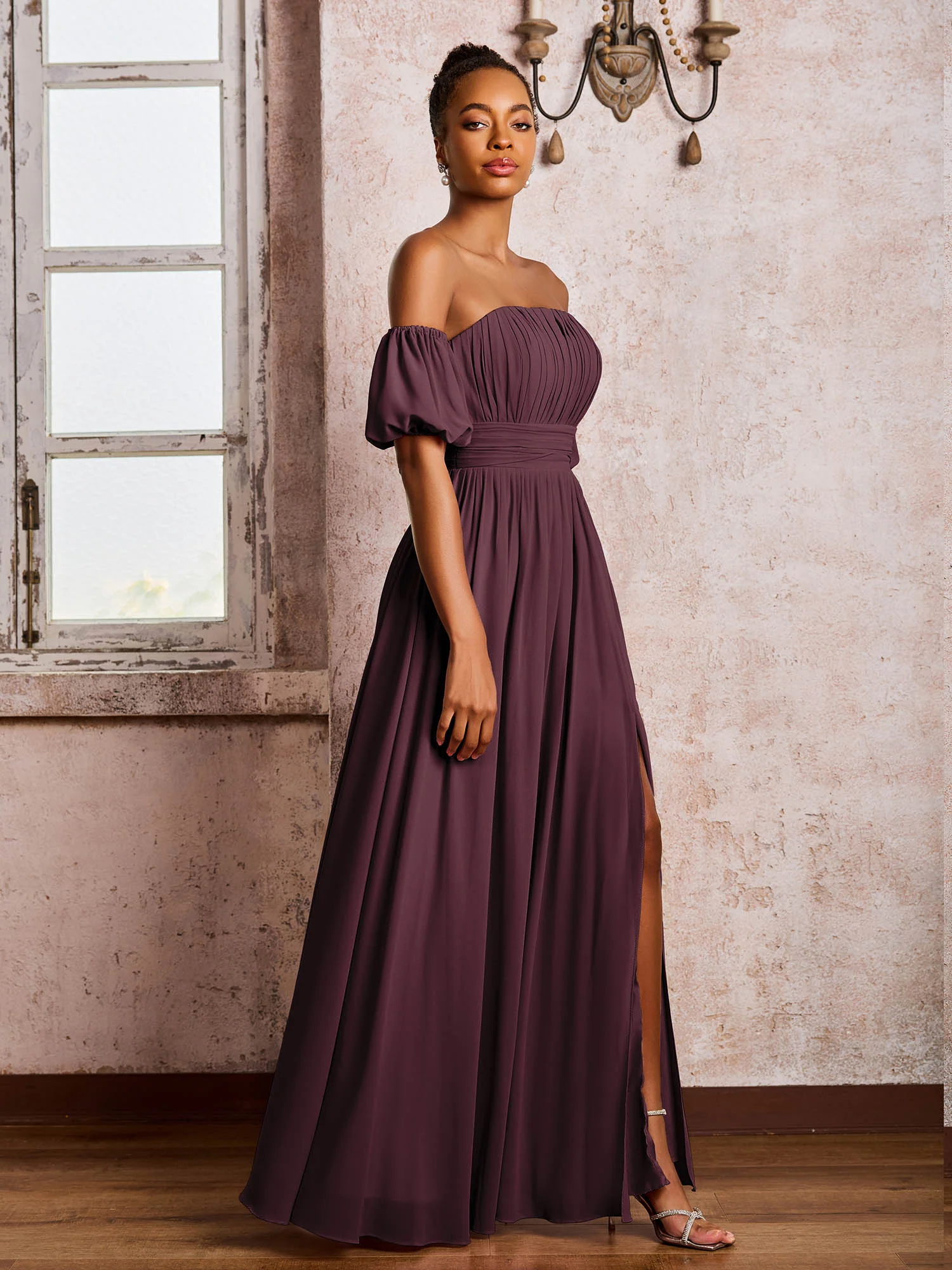 Flutter Sleeves Square Chiffon Dresses With Slit Cabernet - Image 3