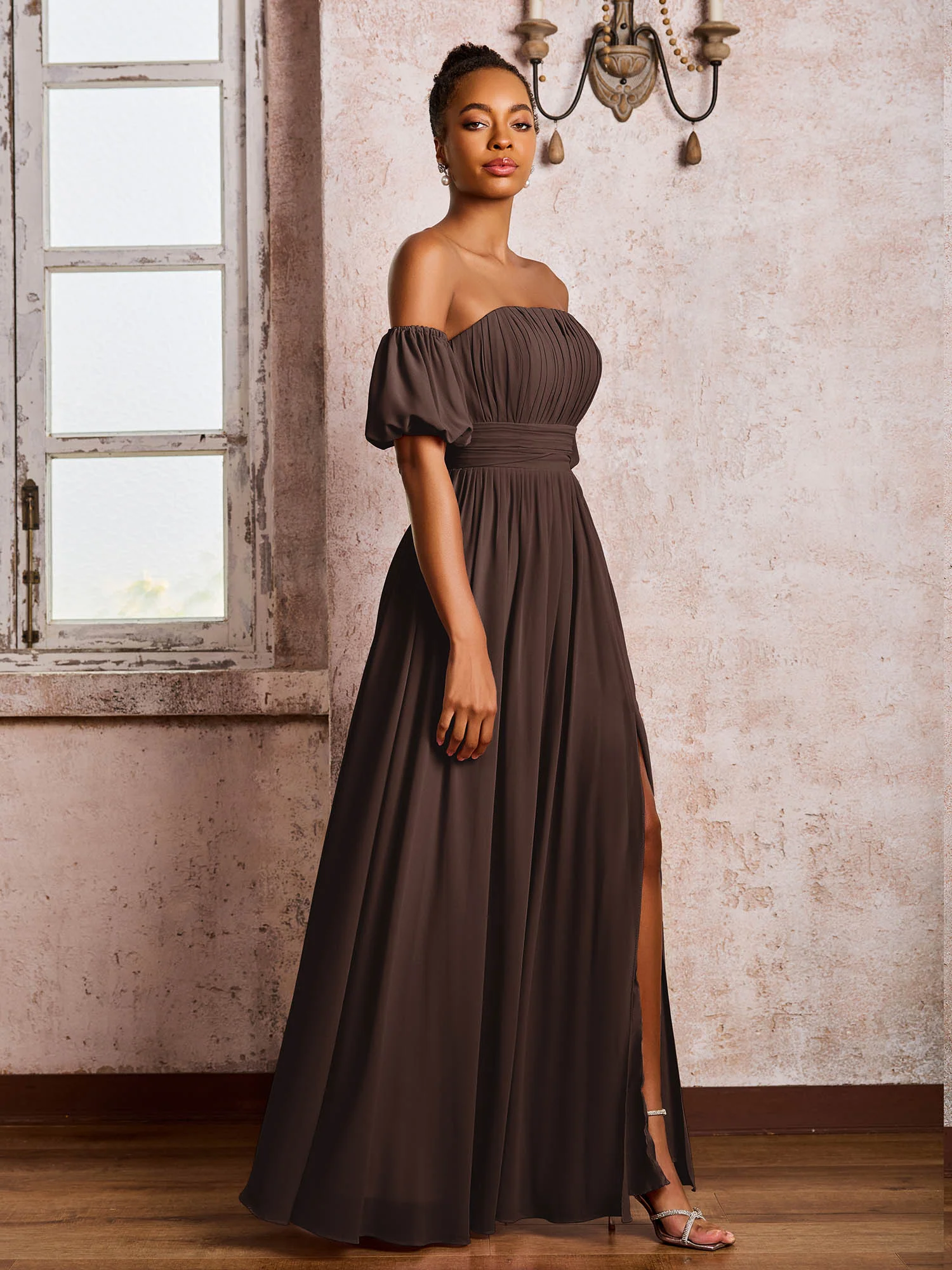 Flutter Sleeves Square Chiffon Dresses With Slit Chocolate - Image 3