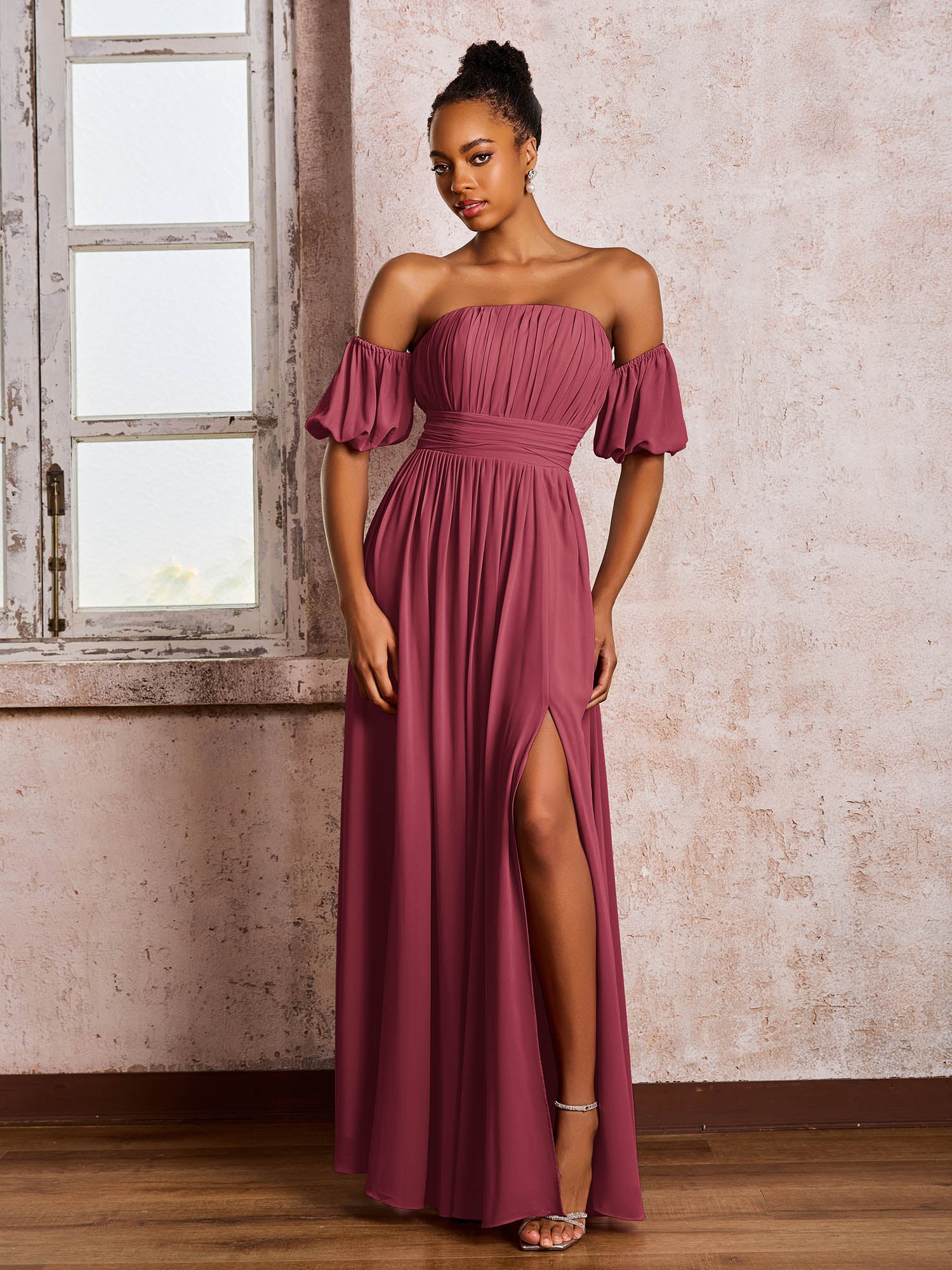 Flutter Sleeves Square Chiffon Dresses With Slit Cinnamon Rose