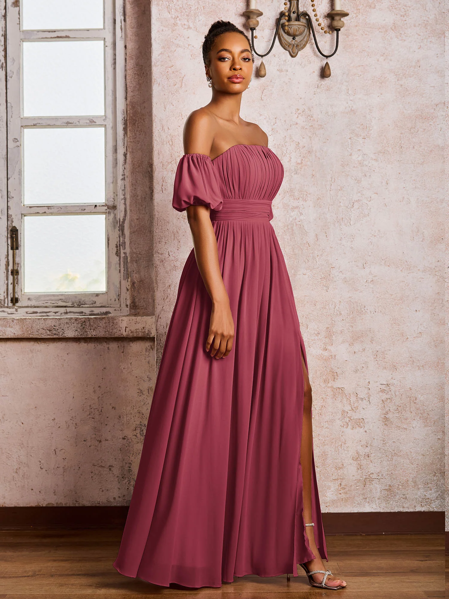 Flutter Sleeves Square Chiffon Dresses With Slit Cinnamon Rose - Image 3