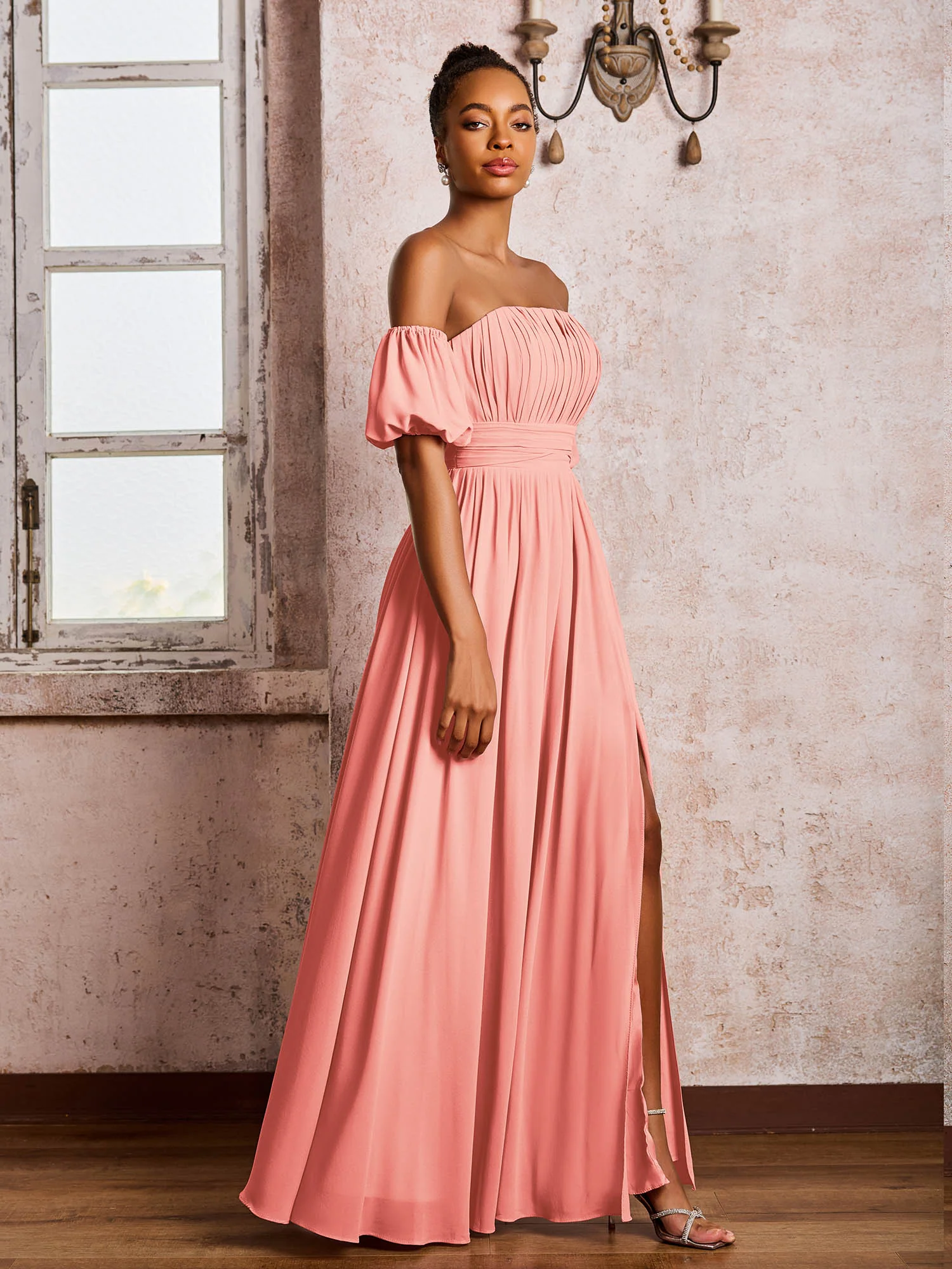 Flutter Sleeves Square Chiffon Dresses With Slit Coral - Image 3