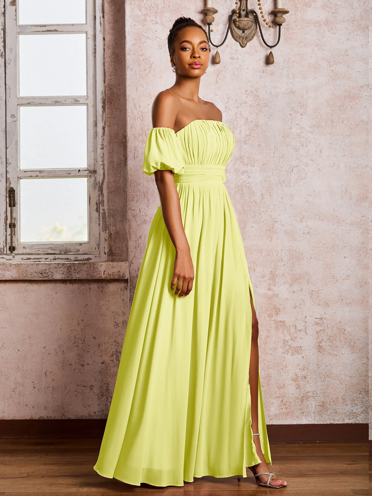 Flutter Sleeves Square Chiffon Dresses With Slit Daffodil - Image 3