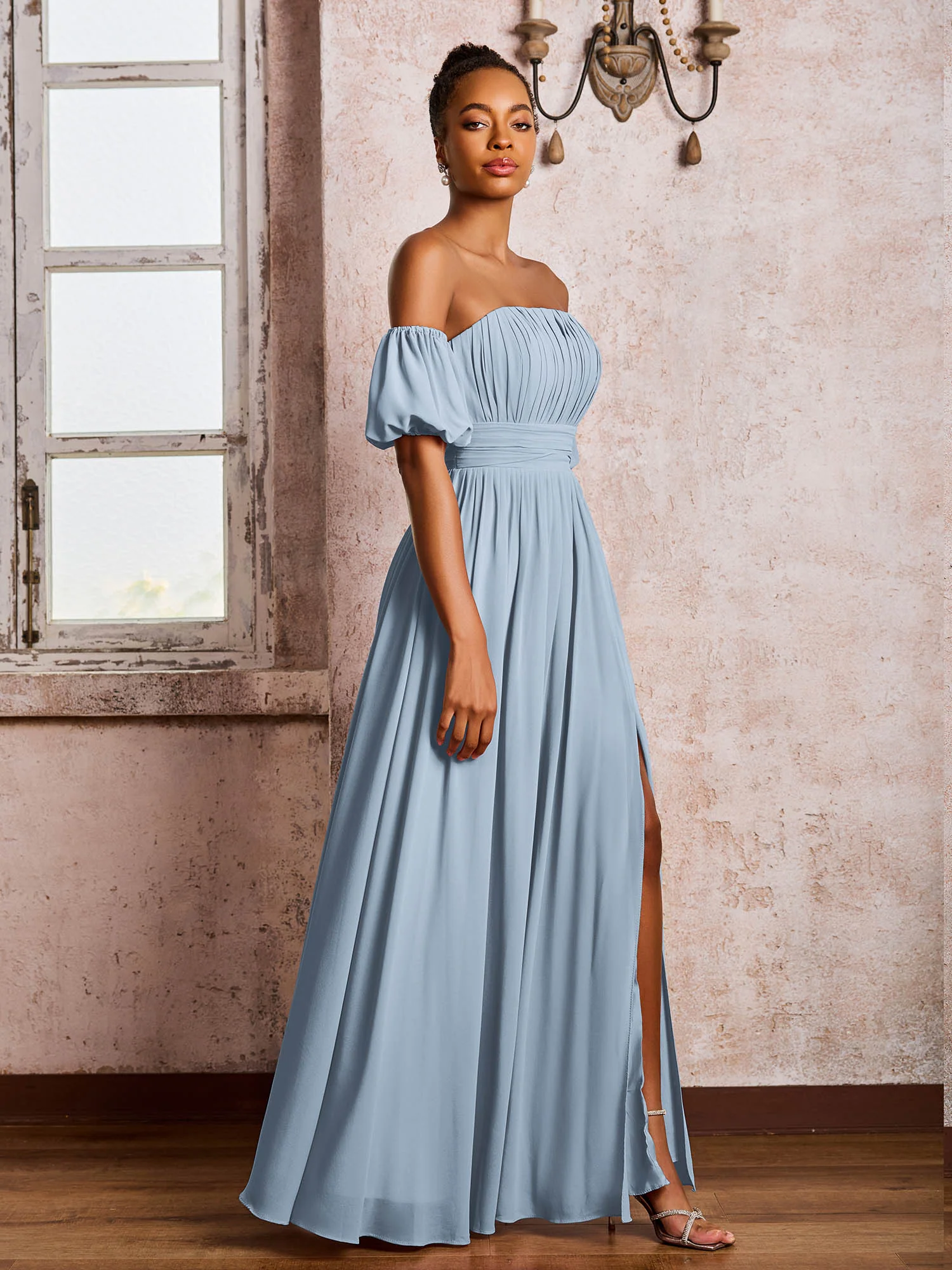 Flutter Sleeves Square Chiffon Dresses With Slit Dusty Blue - Image 3