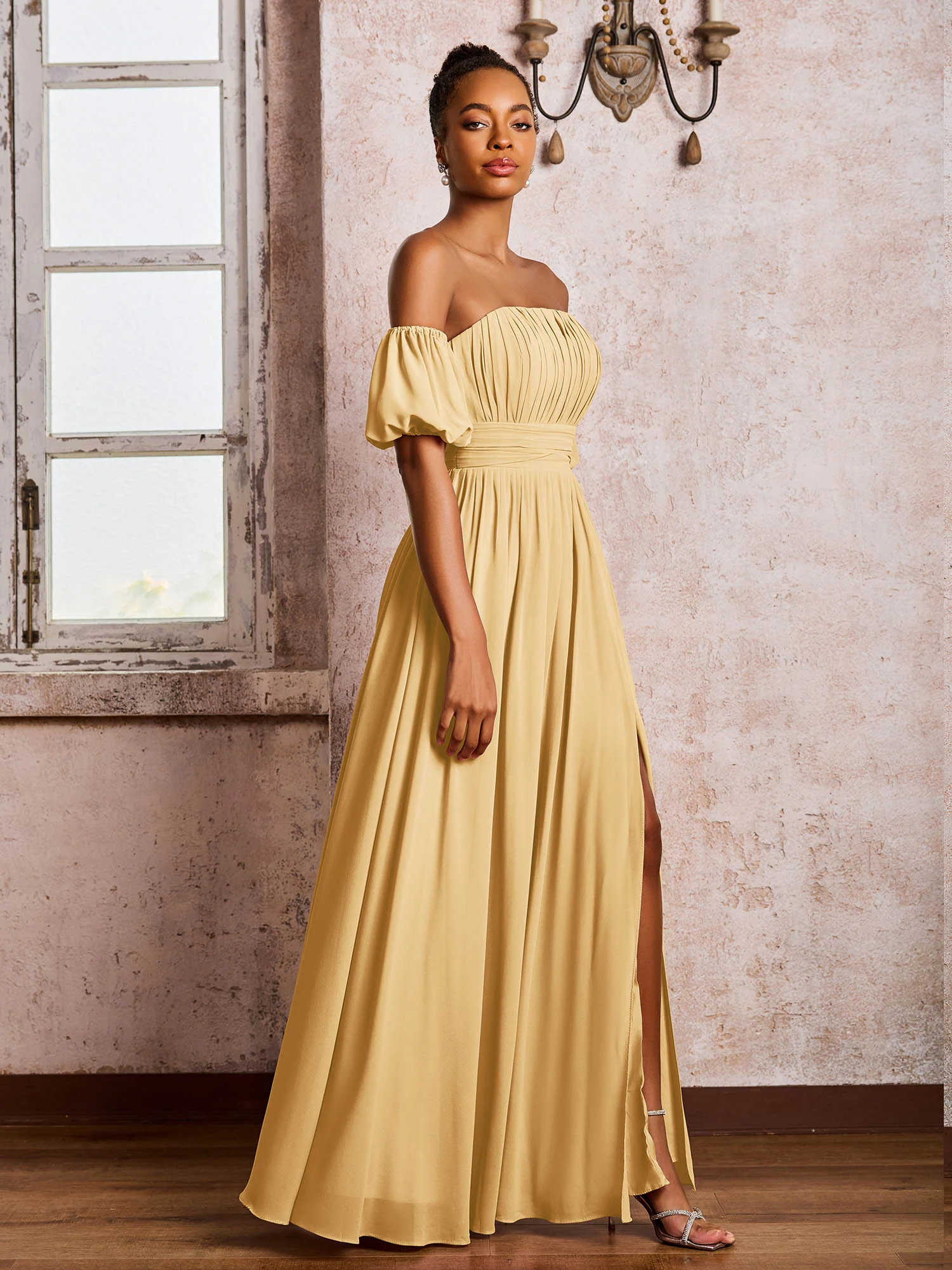 Flutter Sleeves Square Chiffon Dresses With Slit Gold - Image 3