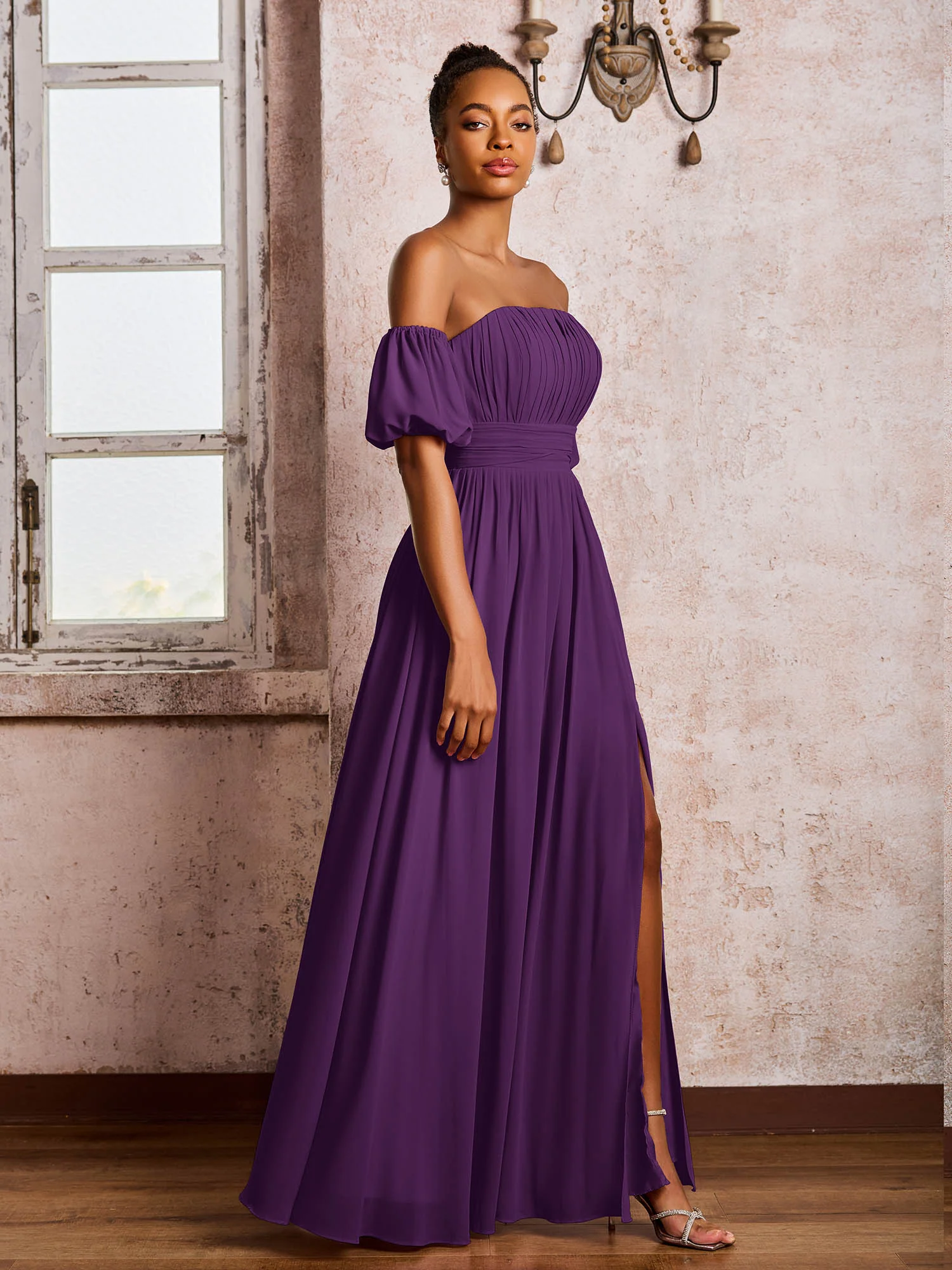 Flutter Sleeves Square Chiffon Dresses With Slit Grape - Image 3