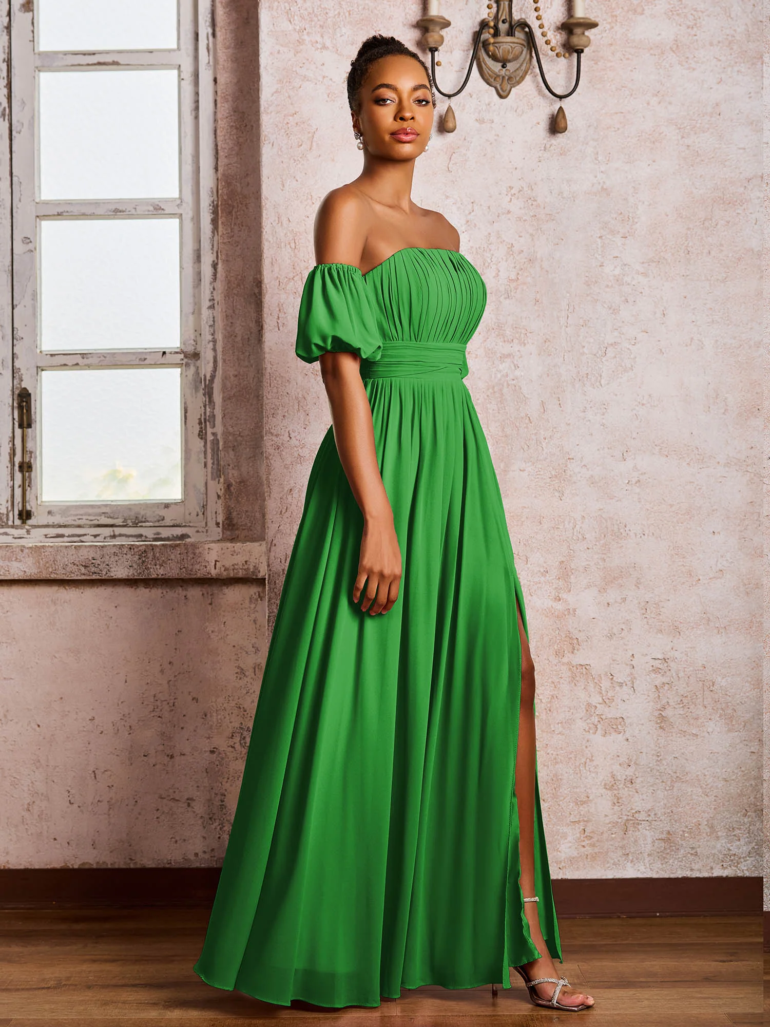 Flutter Sleeves Square Chiffon Dresses With Slit Green - Image 3