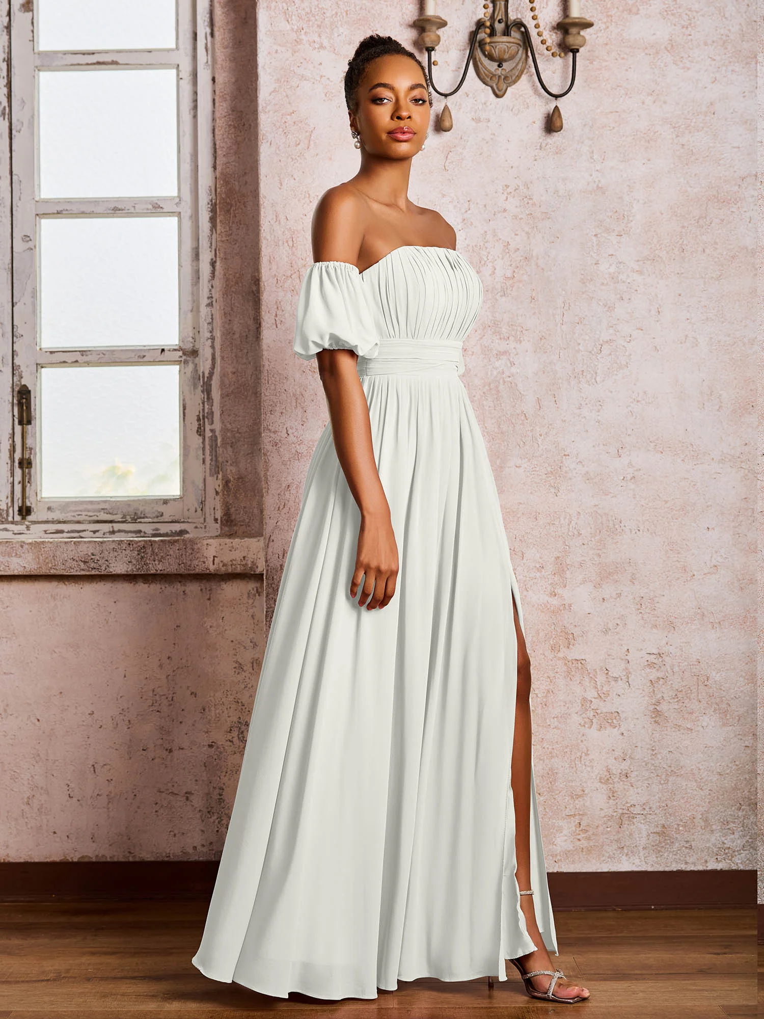 Flutter Sleeves Square Chiffon Dresses With Slit Ivory - Image 3