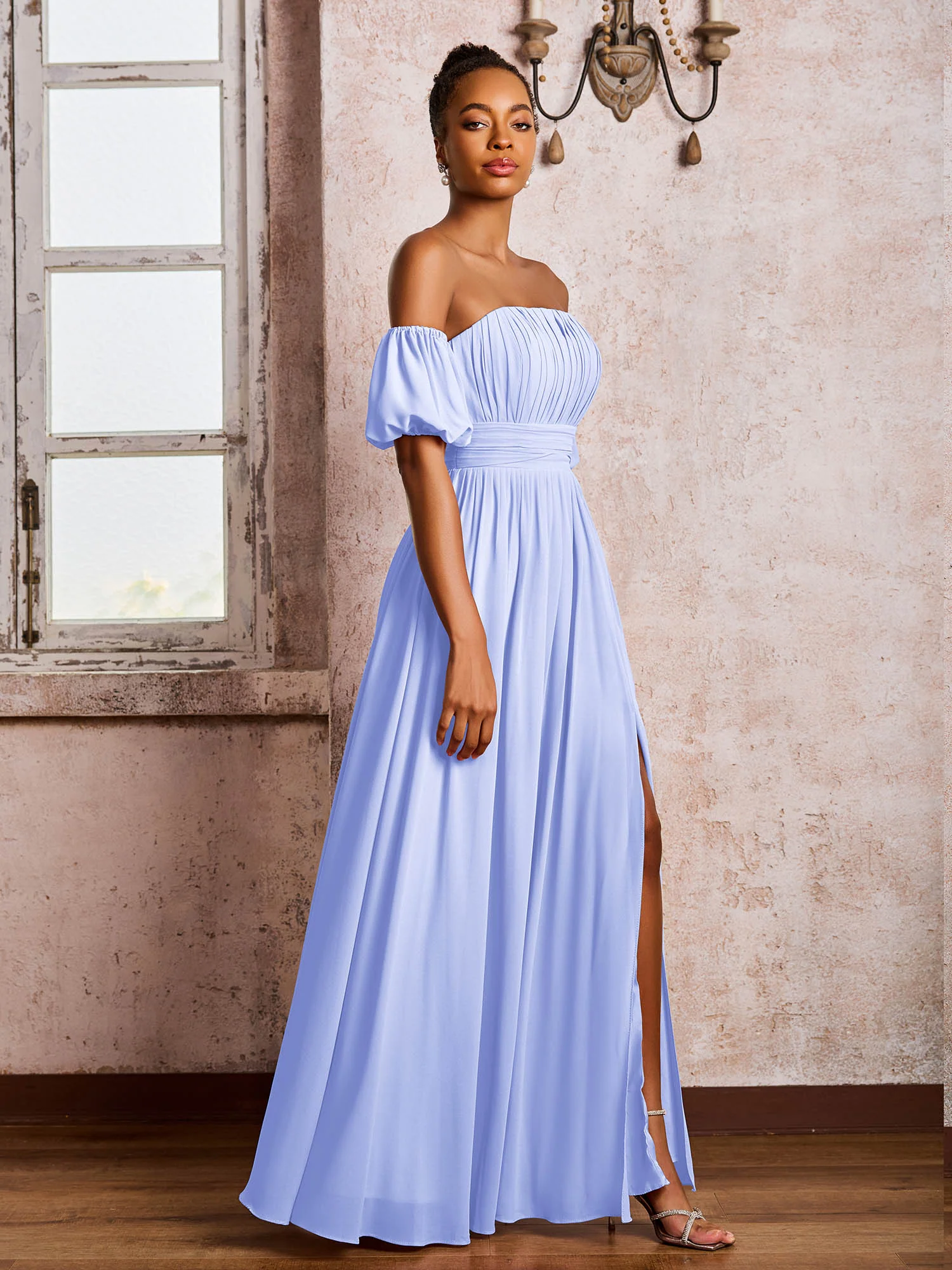Flutter Sleeves Square Chiffon Dresses With Slit Lavender - Image 3