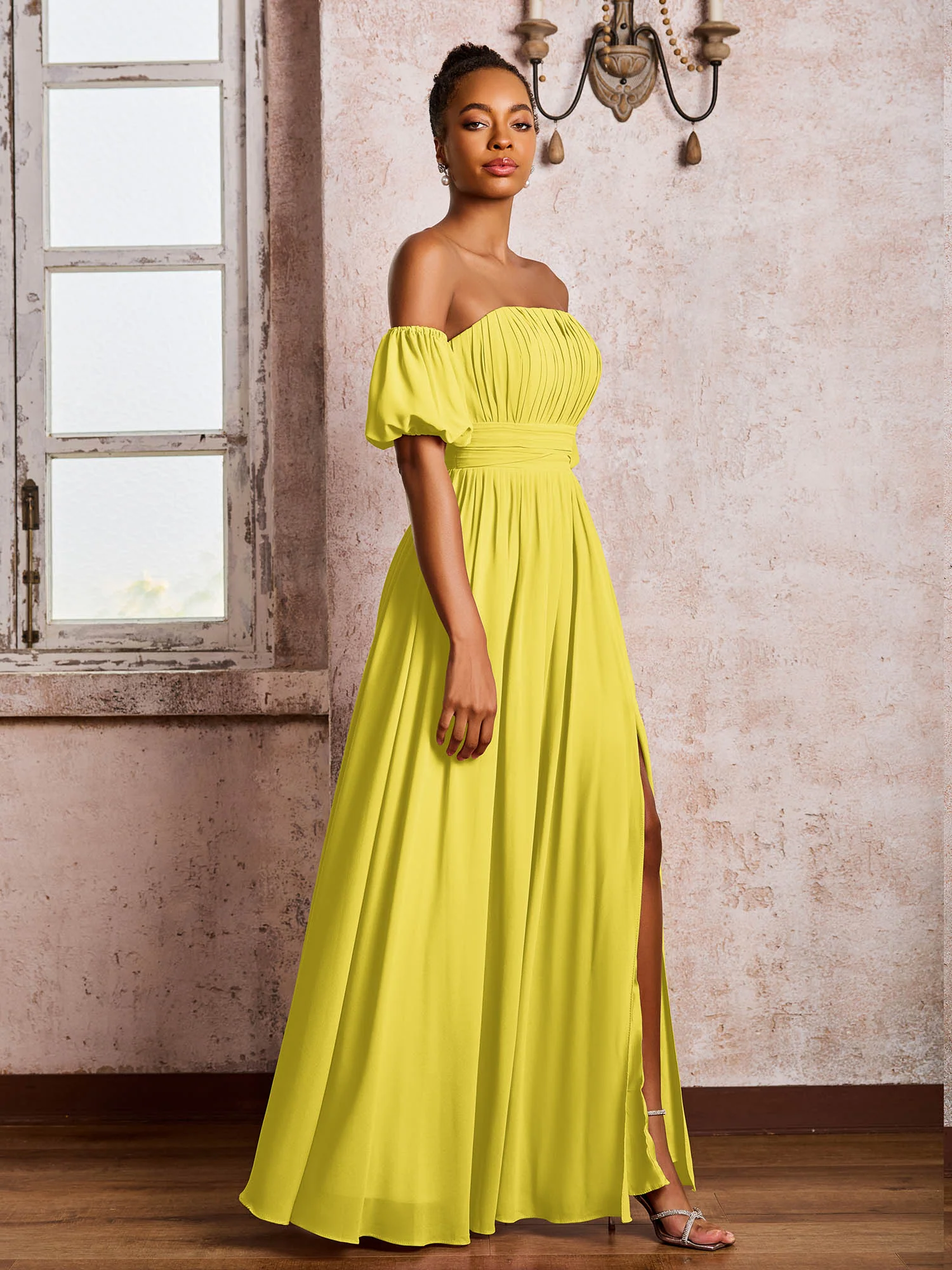 Flutter Sleeves Square Chiffon Dresses With Slit Lemon - Image 3