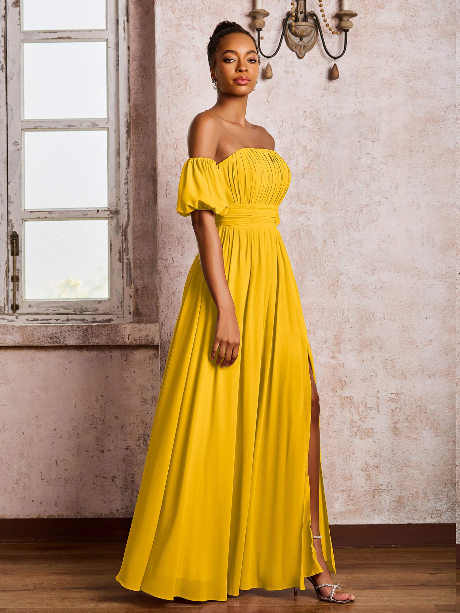 Flutter Sleeves Square Chiffon Dresses With Slit Marigold - Image 3