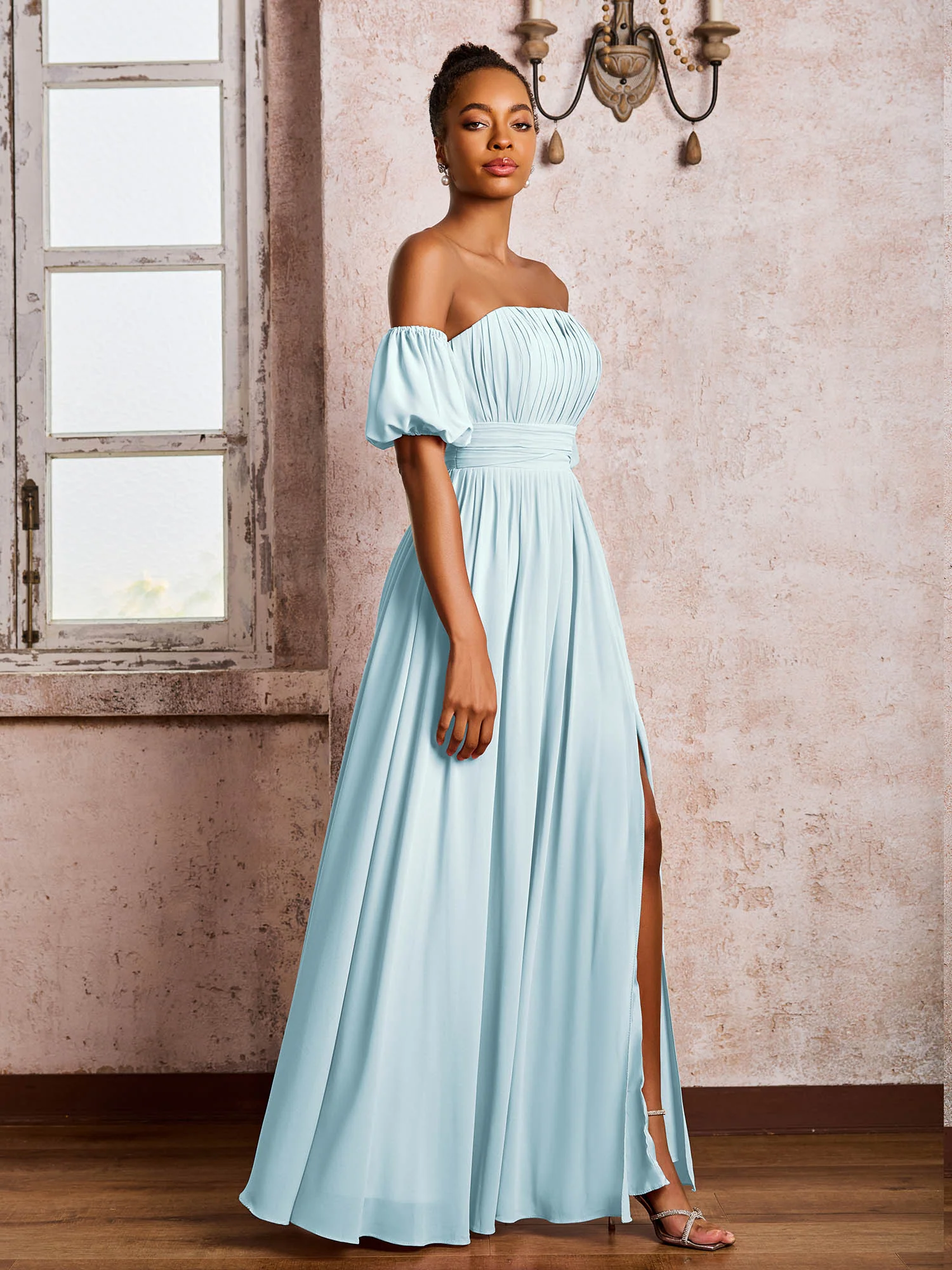 Flutter Sleeves Square Chiffon Dresses With Slit Mist - Image 3