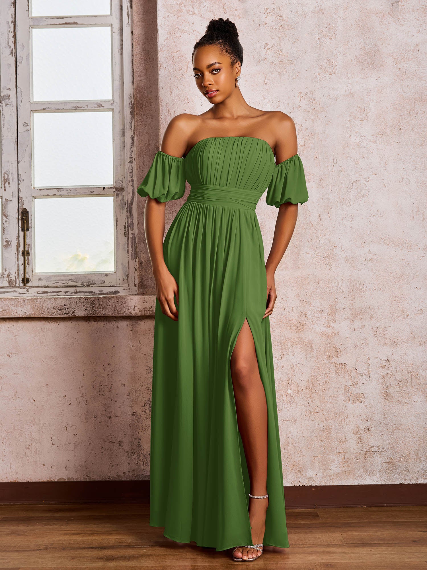 Flutter Sleeves Square Chiffon Dresses With Slit Moss