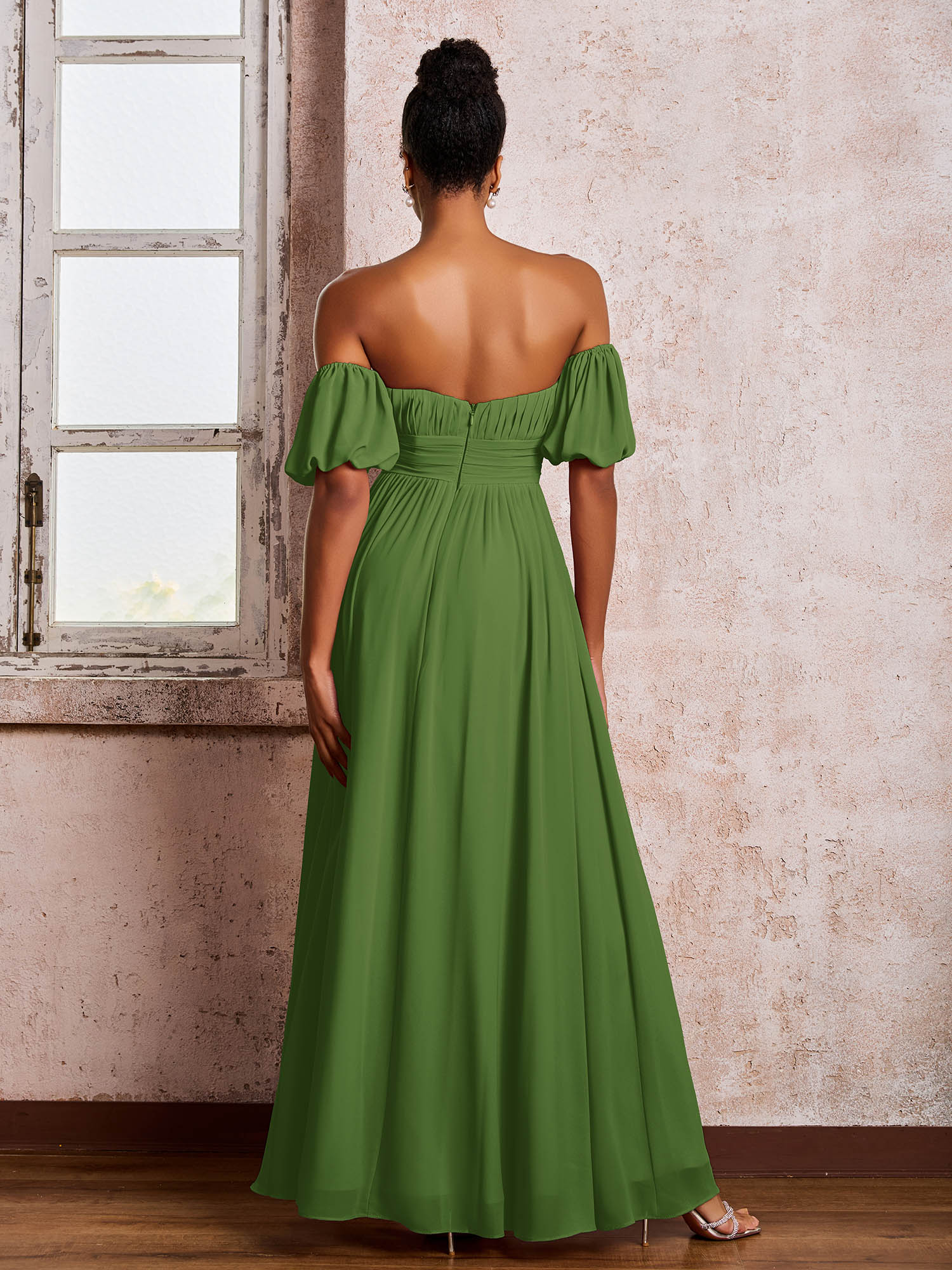 Flutter Sleeves Square Chiffon Dresses With Slit Moss - Image 2