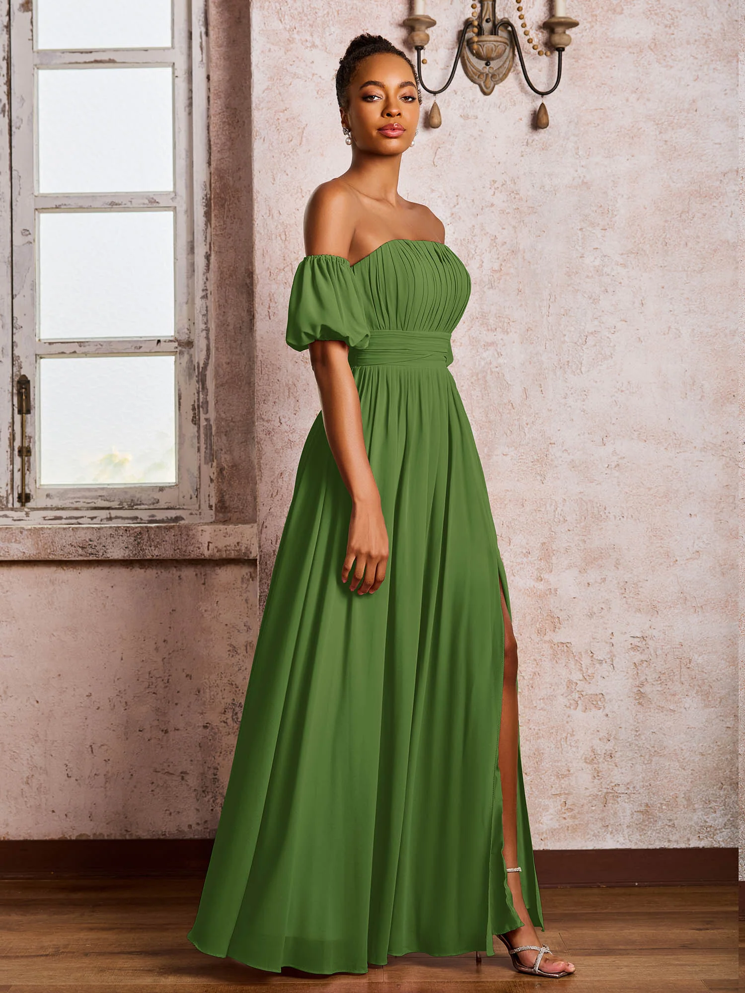 Flutter Sleeves Square Chiffon Dresses With Slit Moss - Image 3
