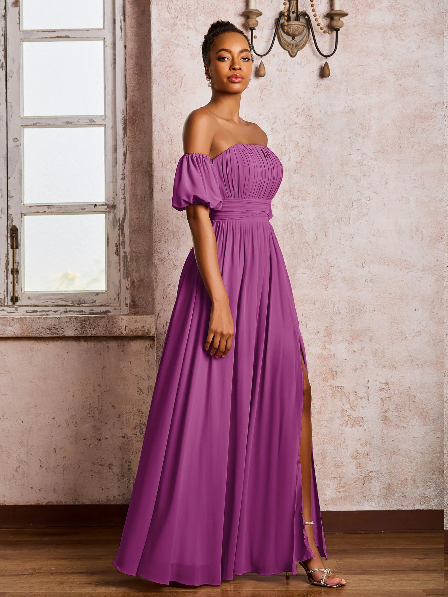 Flutter Sleeves Square Chiffon Dresses With Slit Orchid - Image 3