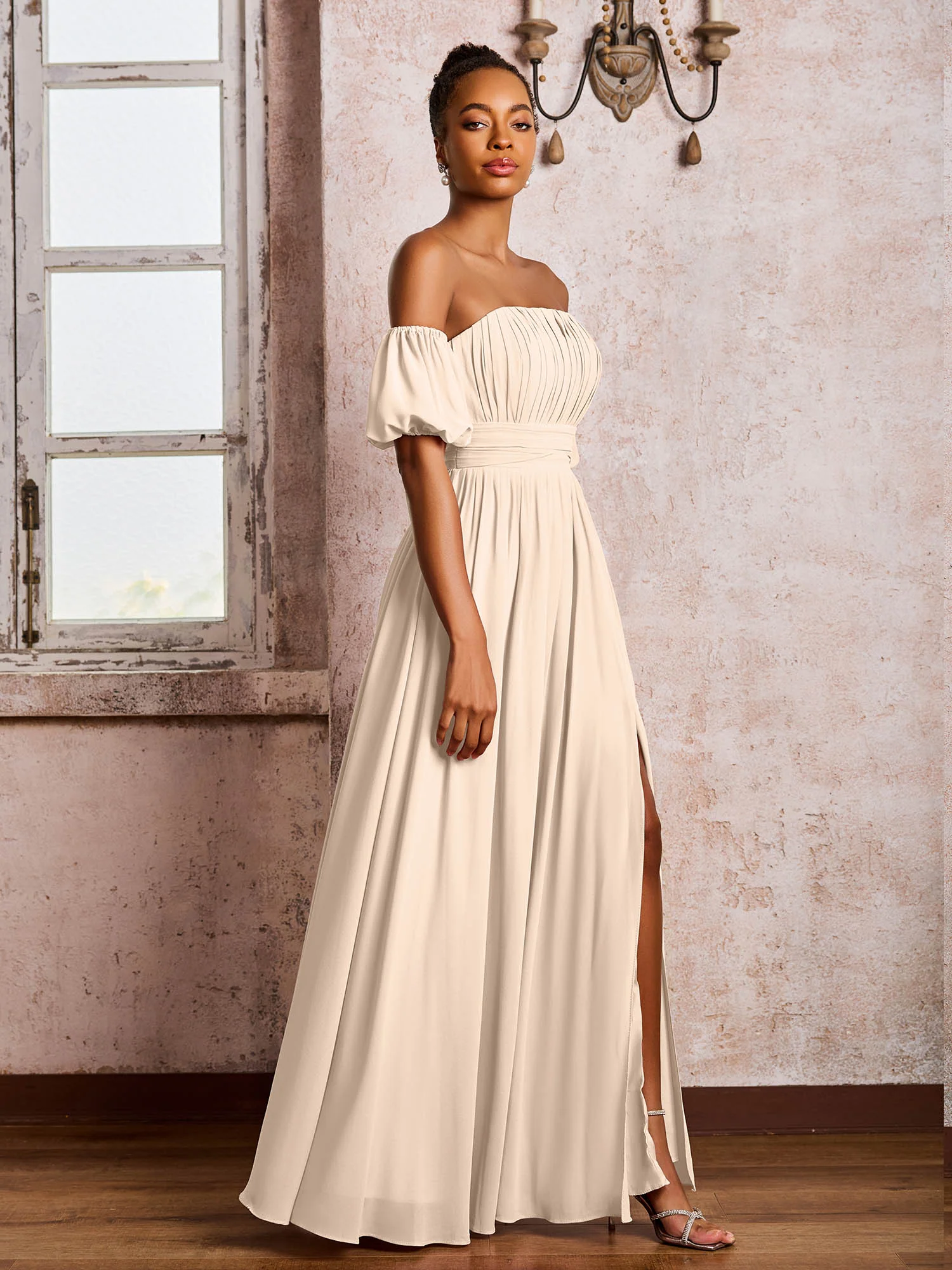 Flutter Sleeves Square Chiffon Dresses With Slit Peach - Image 3