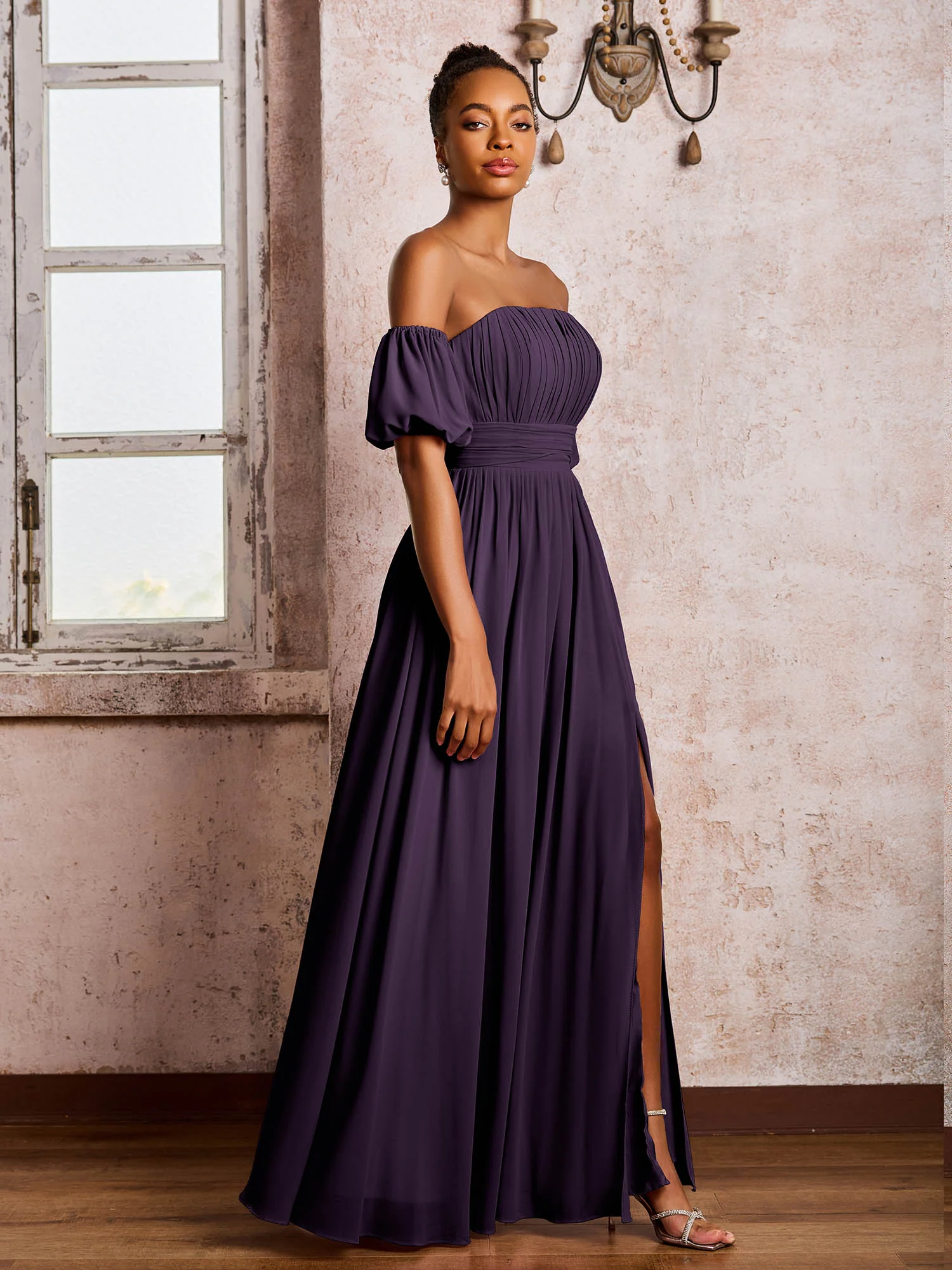 Flutter Sleeves Square Chiffon Dresses With Slit Plum - Image 3