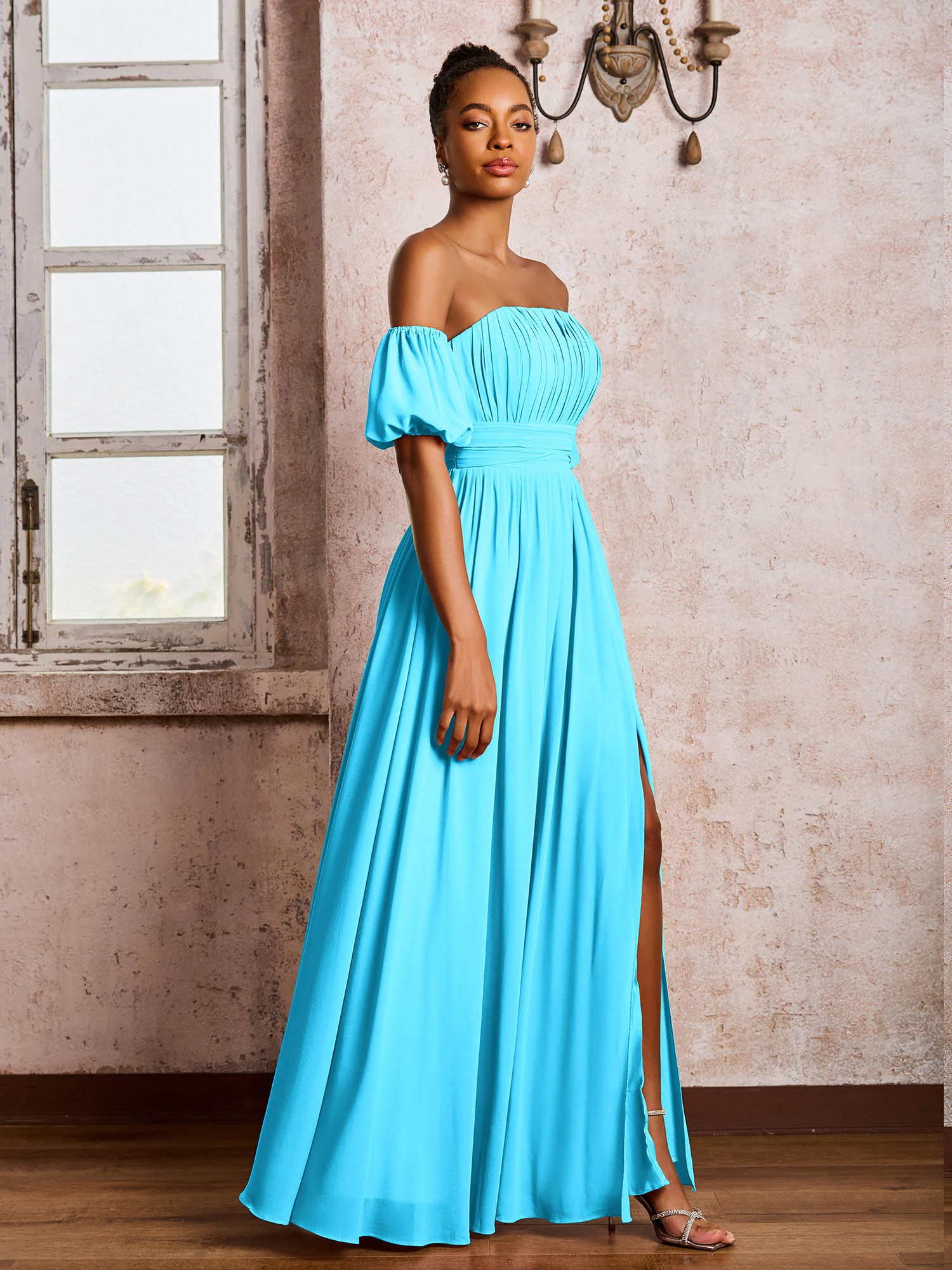 Flutter Sleeves Square Chiffon Dresses With Slit Pool - Image 3