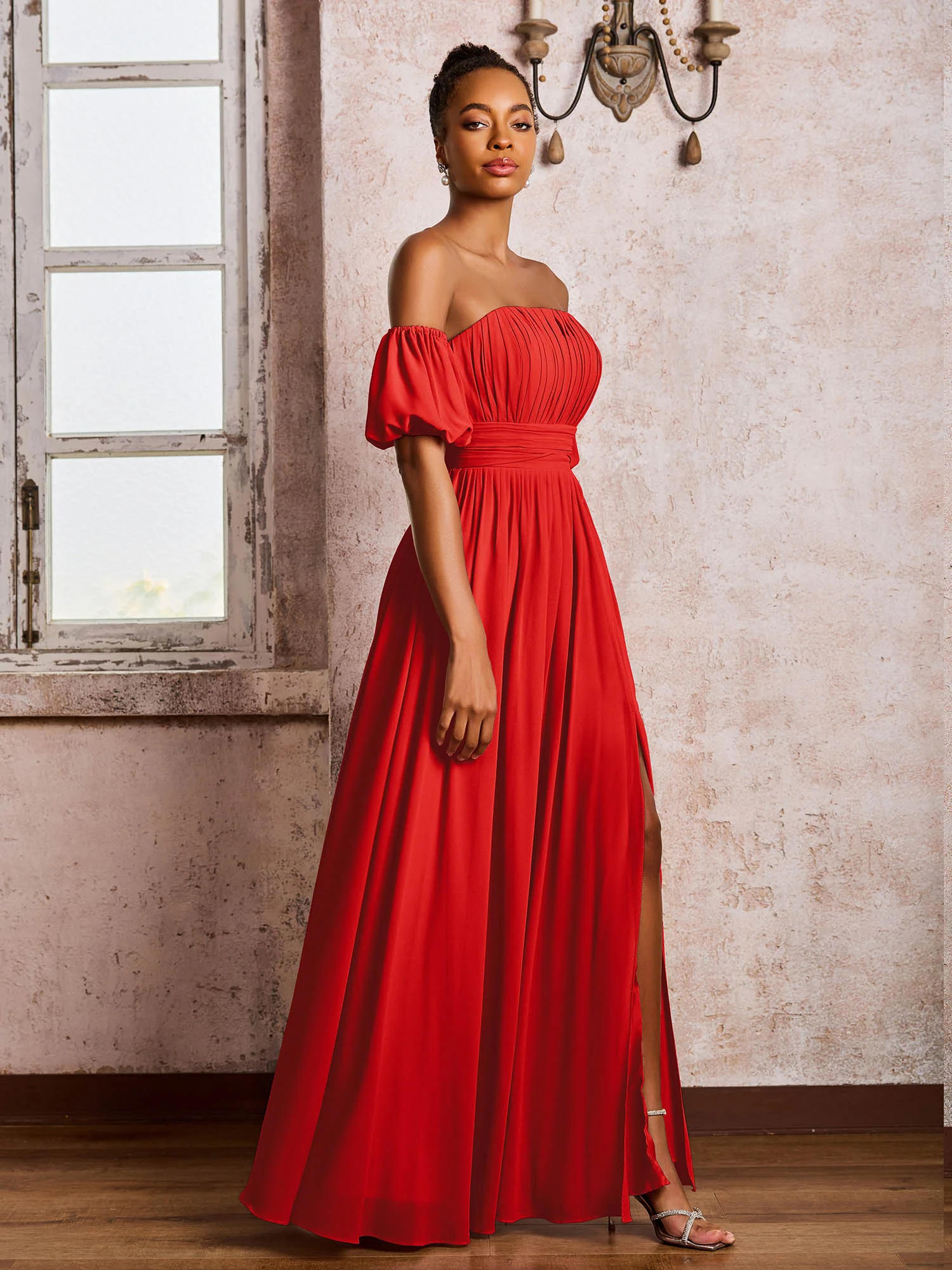 Flutter Sleeves Square Chiffon Dresses With Slit Red - Image 3