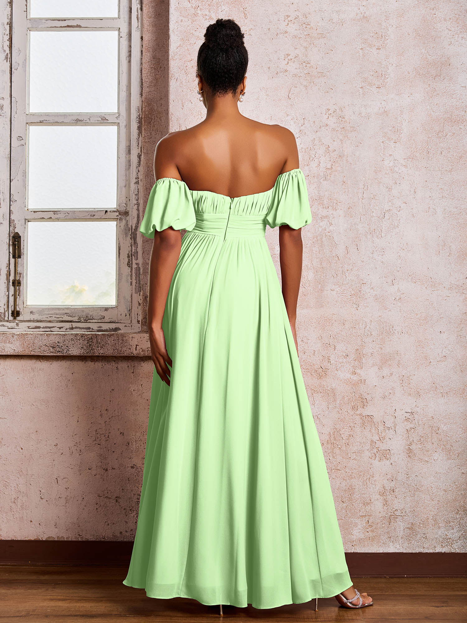 Flutter Sleeves Square Chiffon Dresses With Slit Sage - Image 2