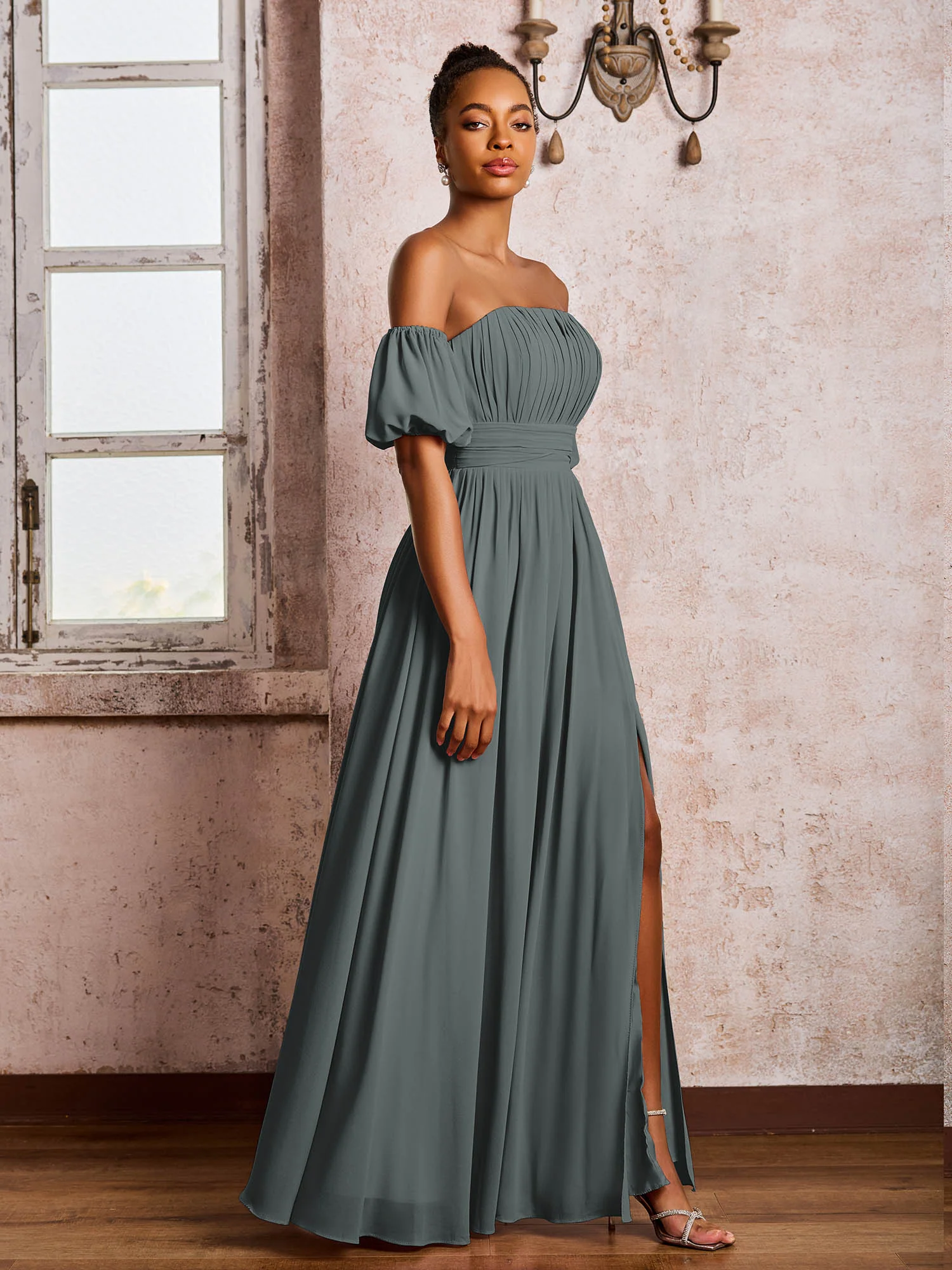 Flutter Sleeves Square Chiffon Dresses With Slit Steel Grey - Image 3