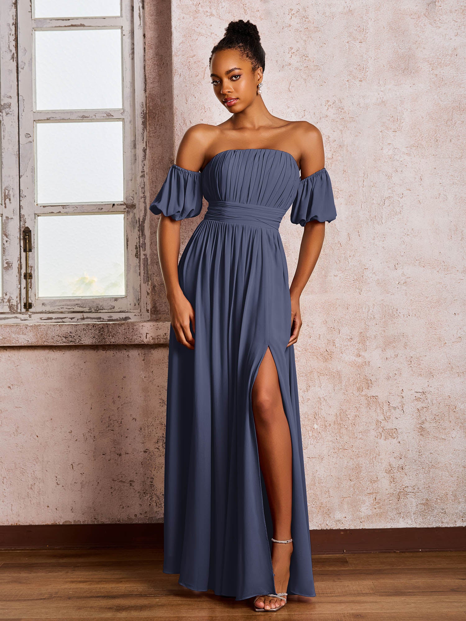Flutter Sleeves Square Chiffon Dresses With Slit Stormy
